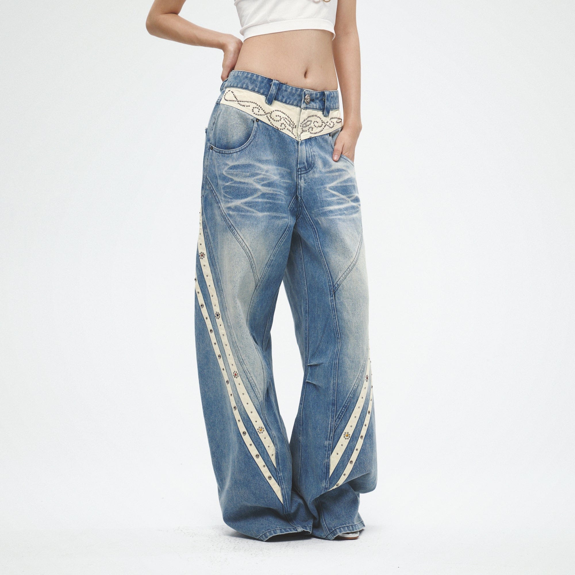 FAYCHUI Diamond Washed Curved Panel Wide-Leg Jeans