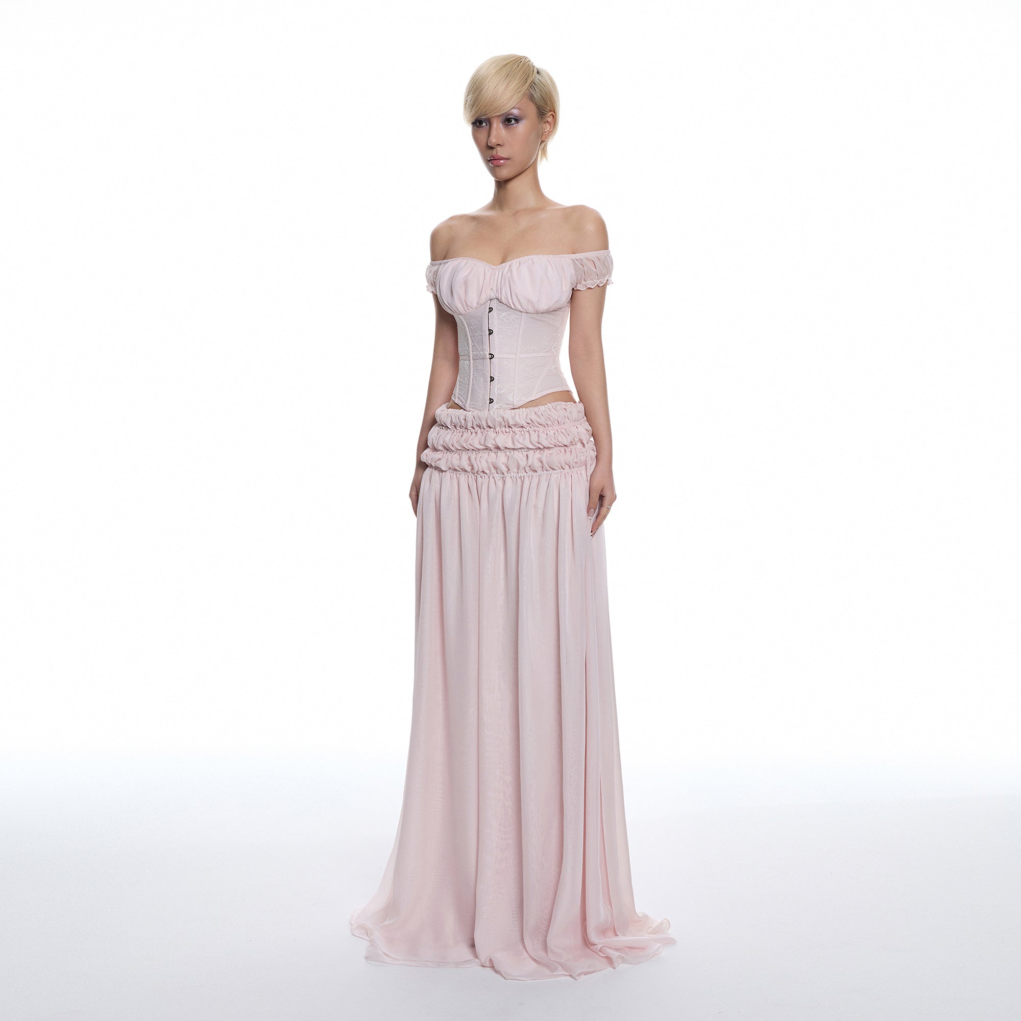 MILLIONLOTUS Off-Shoulder Corset Top & Ruched Maxi Skirt Set