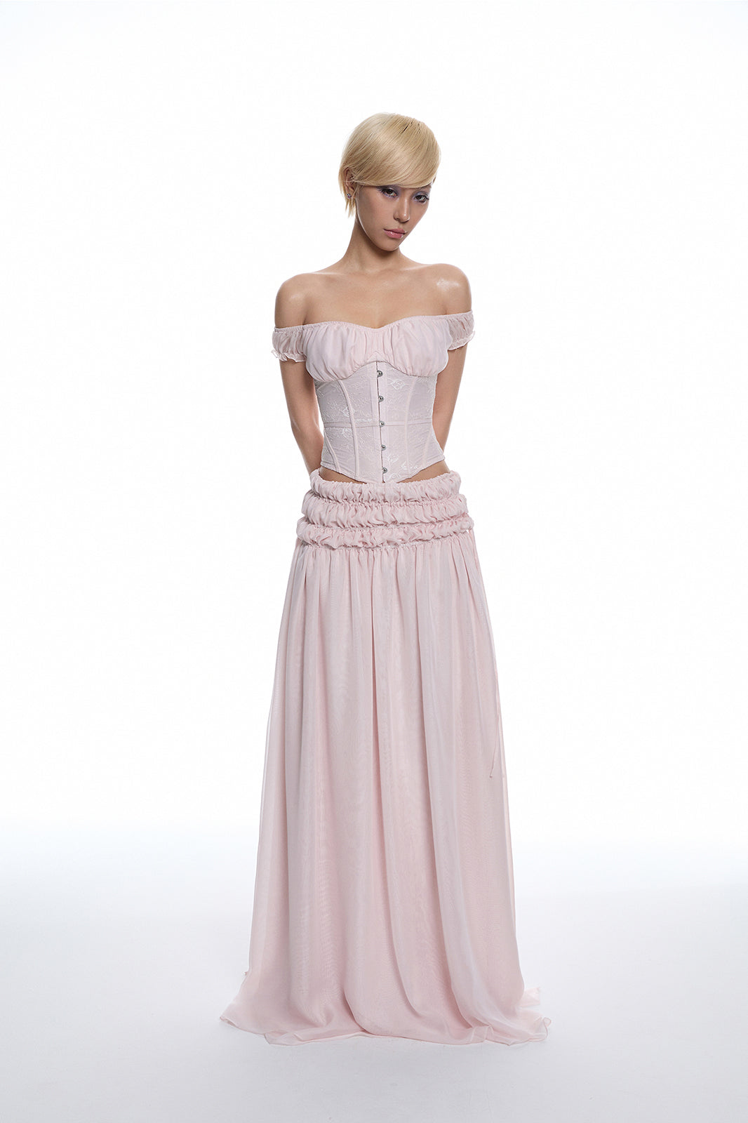 MILLIONLOTUS Off-Shoulder Corset Top & Ruched Maxi Skirt Set