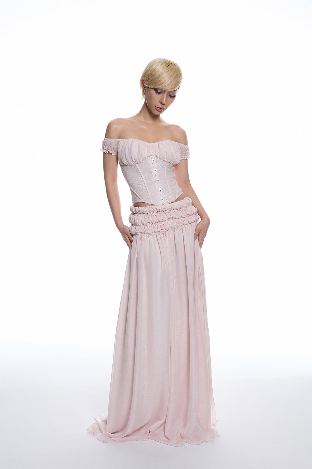 MILLIONLOTUS Off-Shoulder Corset Top & Ruched Maxi Skirt Set