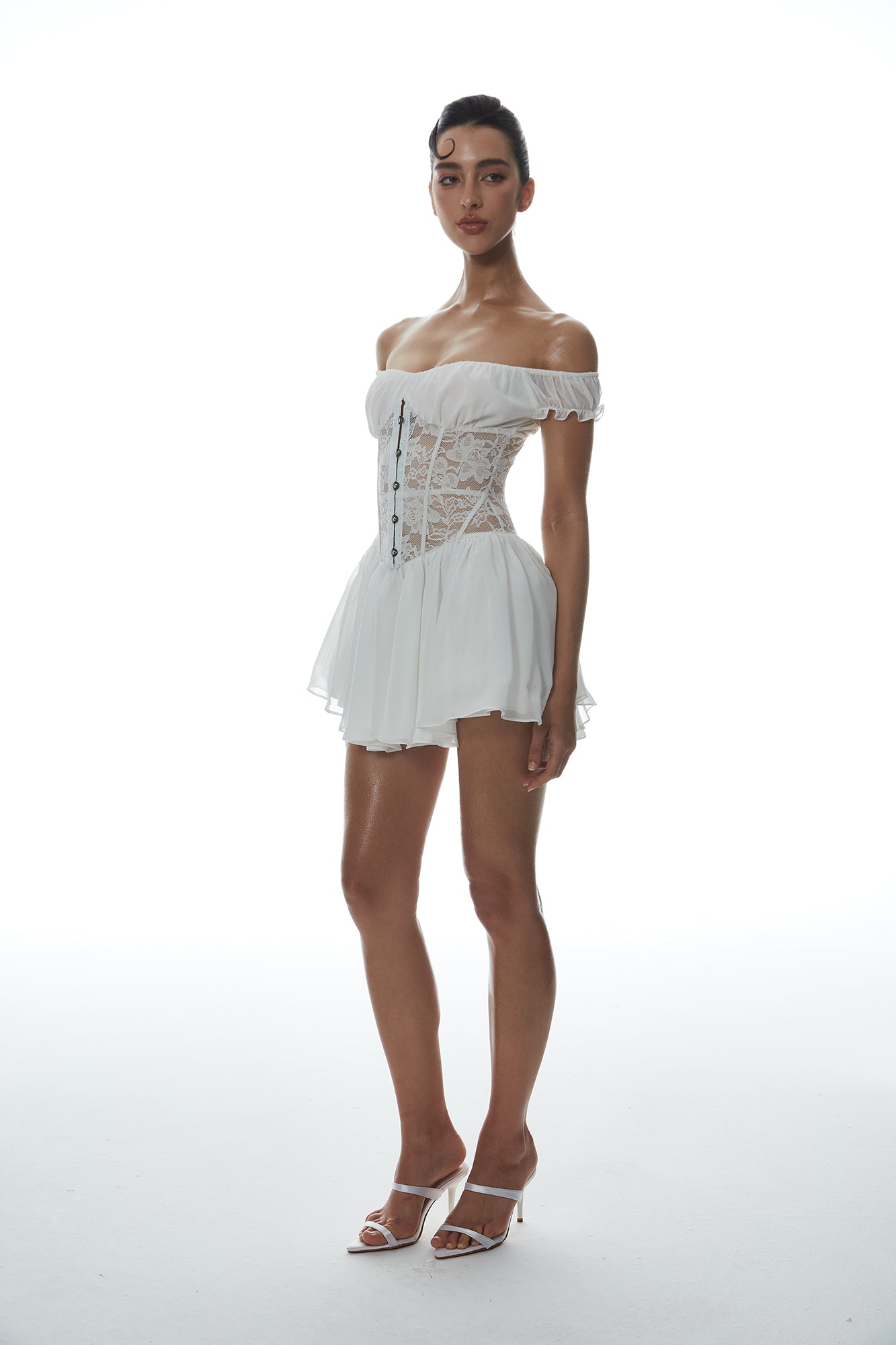 MILLIONLOTUS Lace Paneled Corset Off-Shoulder Mini Dress