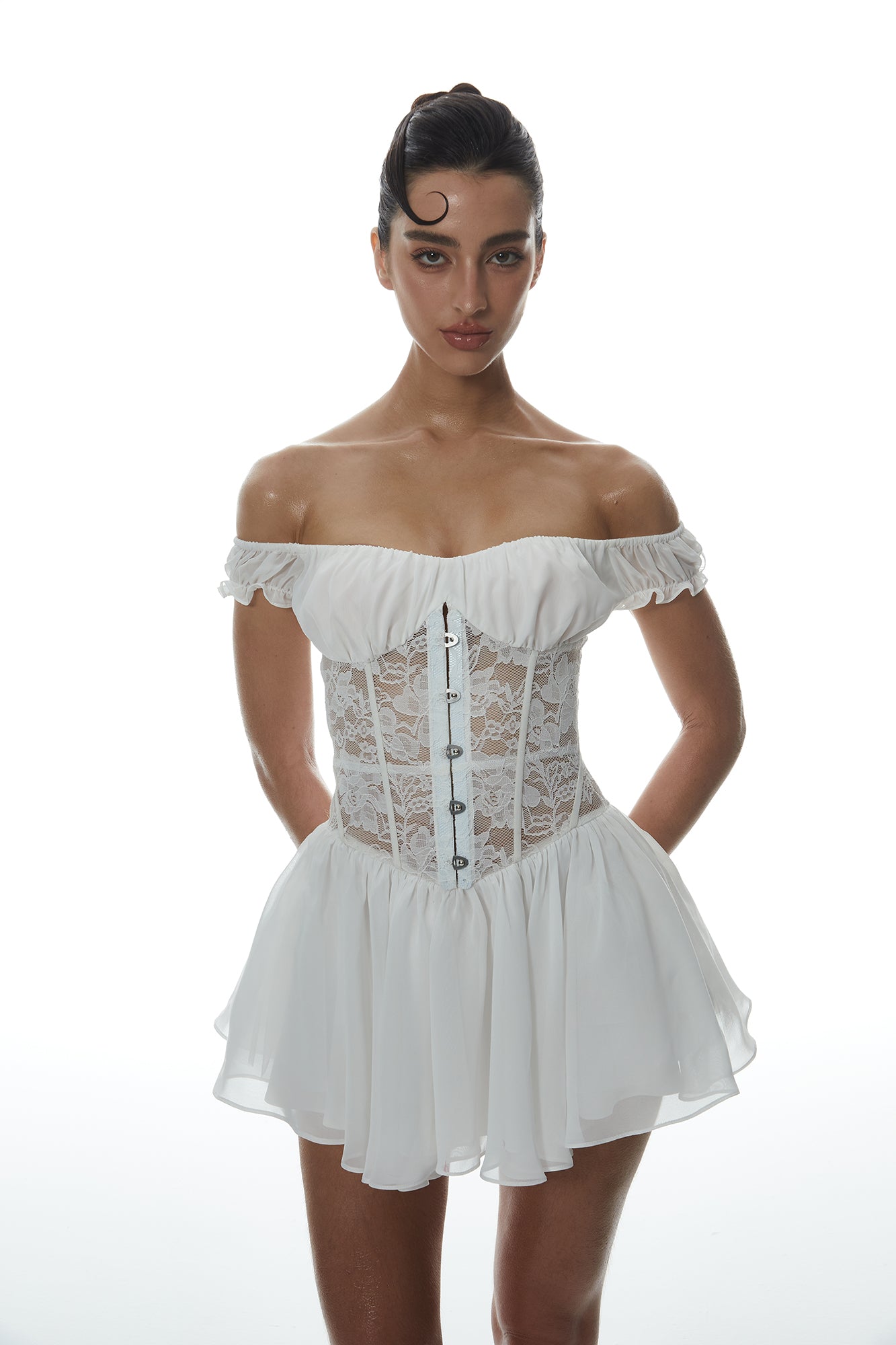 MILLIONLOTUS Lace Paneled Corset Off-Shoulder Mini Dress