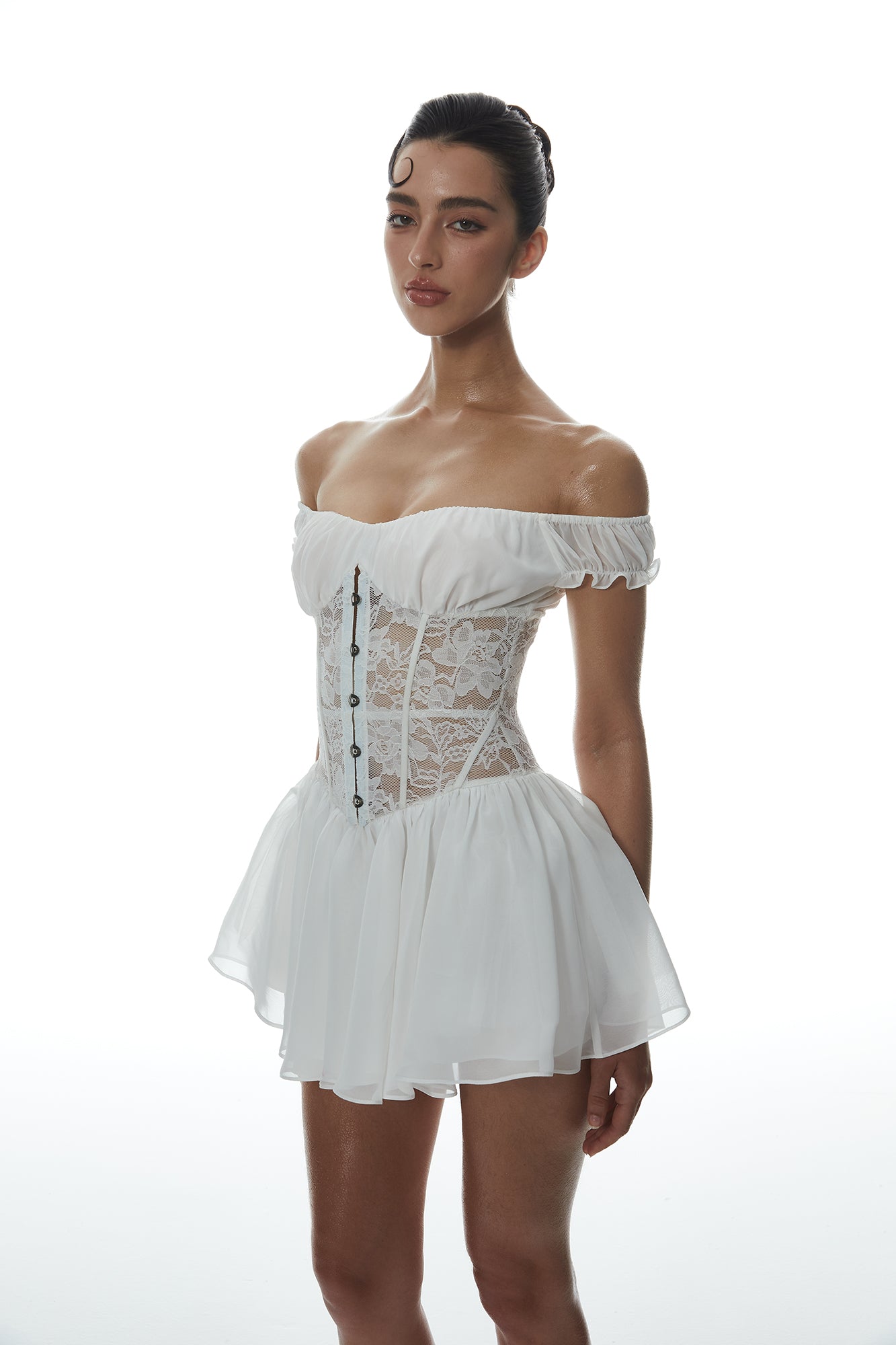 MILLIONLOTUS Lace Paneled Corset Off-Shoulder Mini Dress
