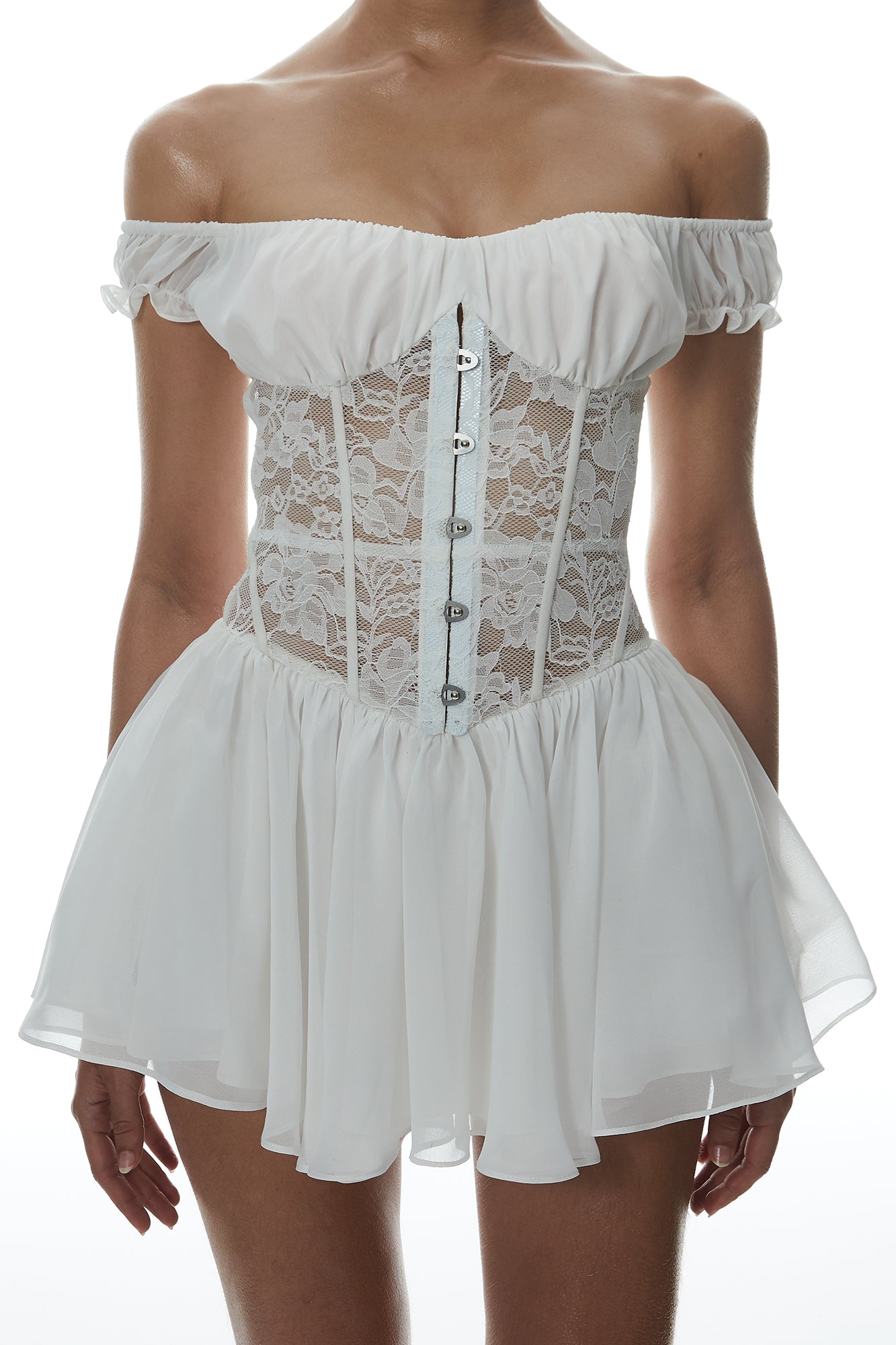 MILLIONLOTUS Lace Paneled Corset Off-Shoulder Mini Dress