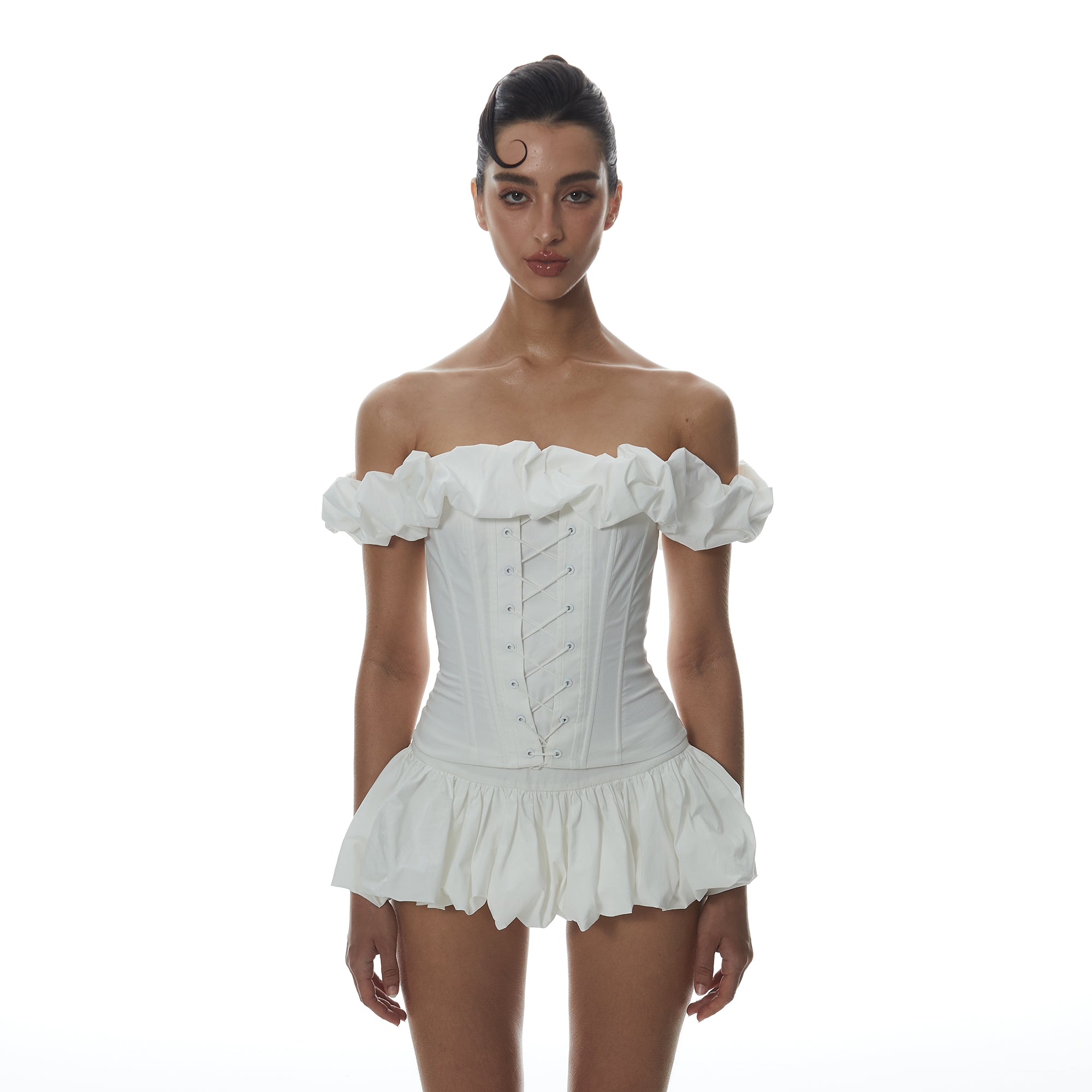 MILLIONLOTUS Ruffle Off-Shoulder Corset Top & Bubble Skirt Set