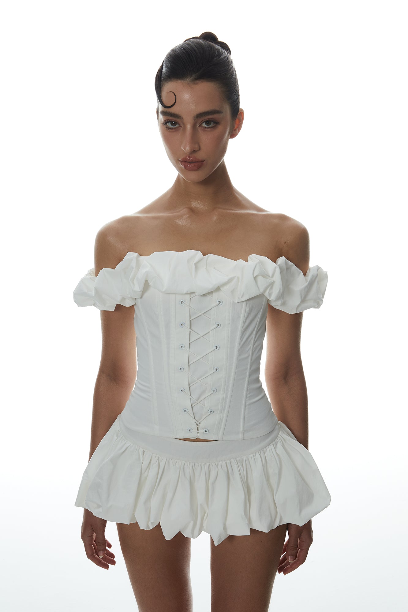MILLIONLOTUS Ruffle Off-Shoulder Corset Top & Bubble Skirt Set