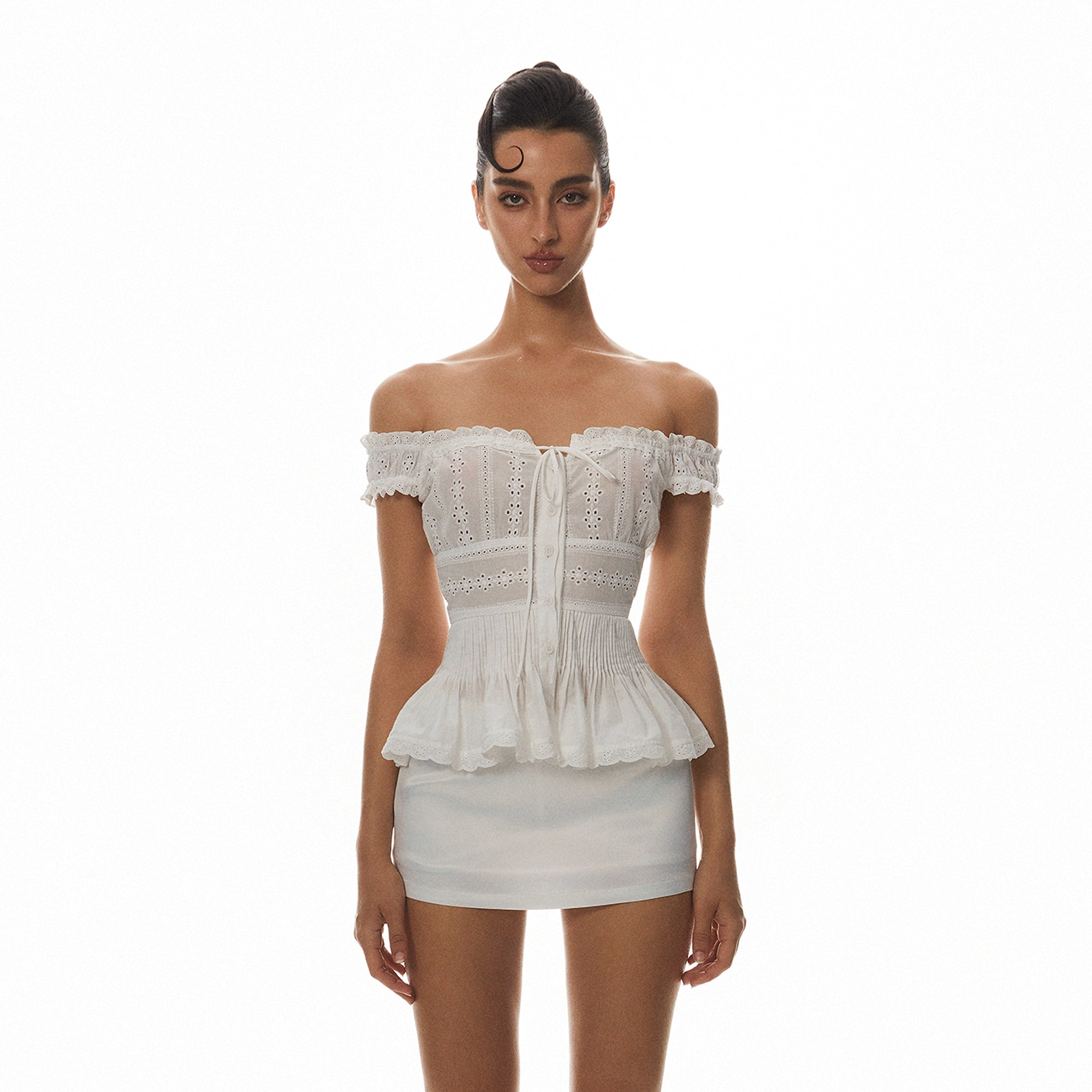 MILLIONLOTUS Eyelet Off-Shoulder Peplum Top & Mini Skirt Set