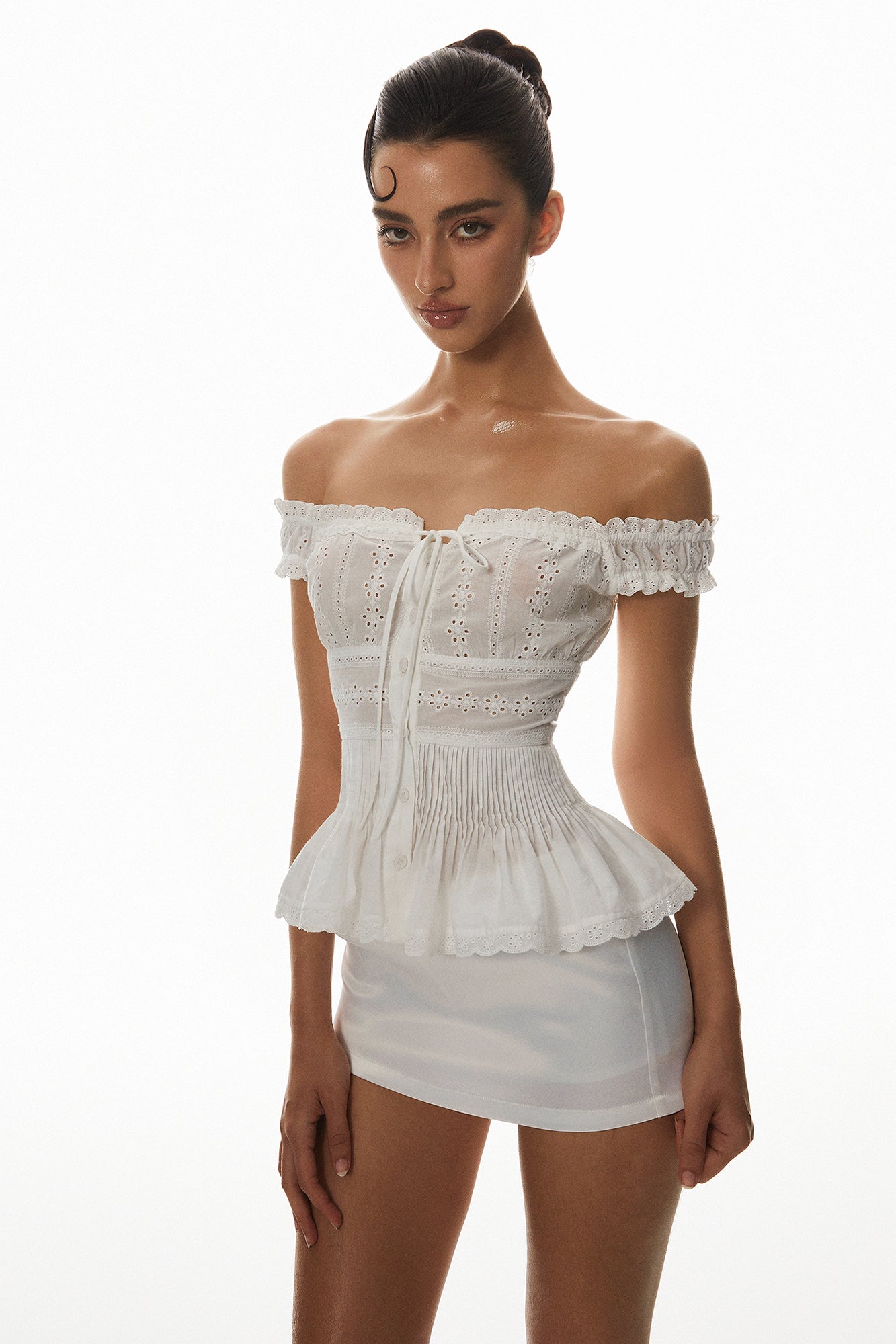 MILLIONLOTUS Eyelet Off-Shoulder Peplum Top & Mini Skirt Set