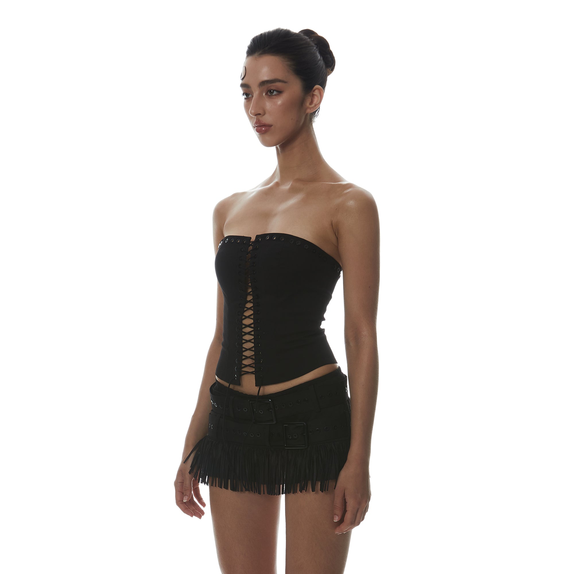 MILLIONLOTUS Lace-Up Tube Top & Double-Belt Fringe Skirt Set