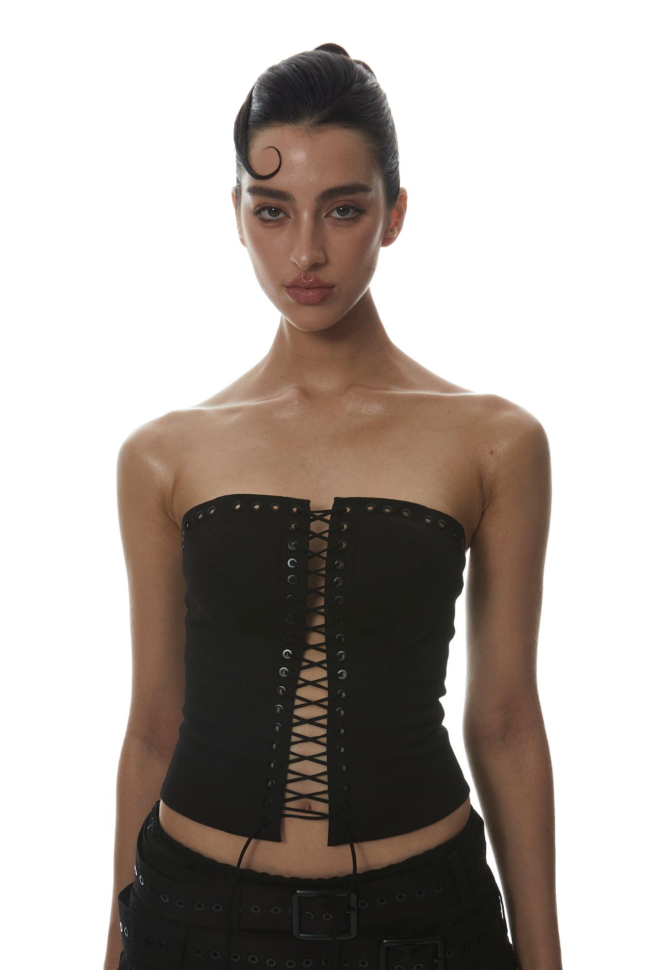 MILLIONLOTUS Lace-Up Tube Top & Double-Belt Fringe Skirt Set