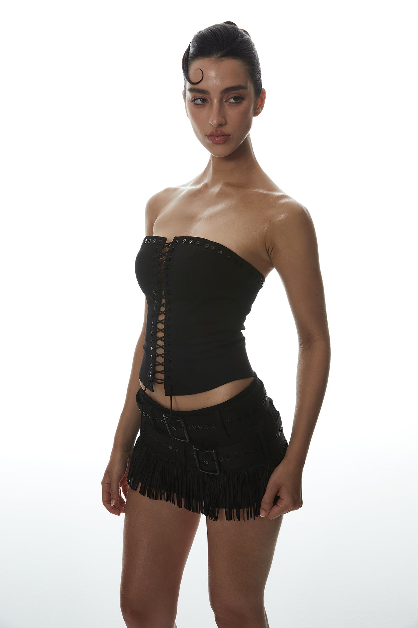 MILLIONLOTUS Lace-Up Tube Top & Double-Belt Fringe Skirt Set