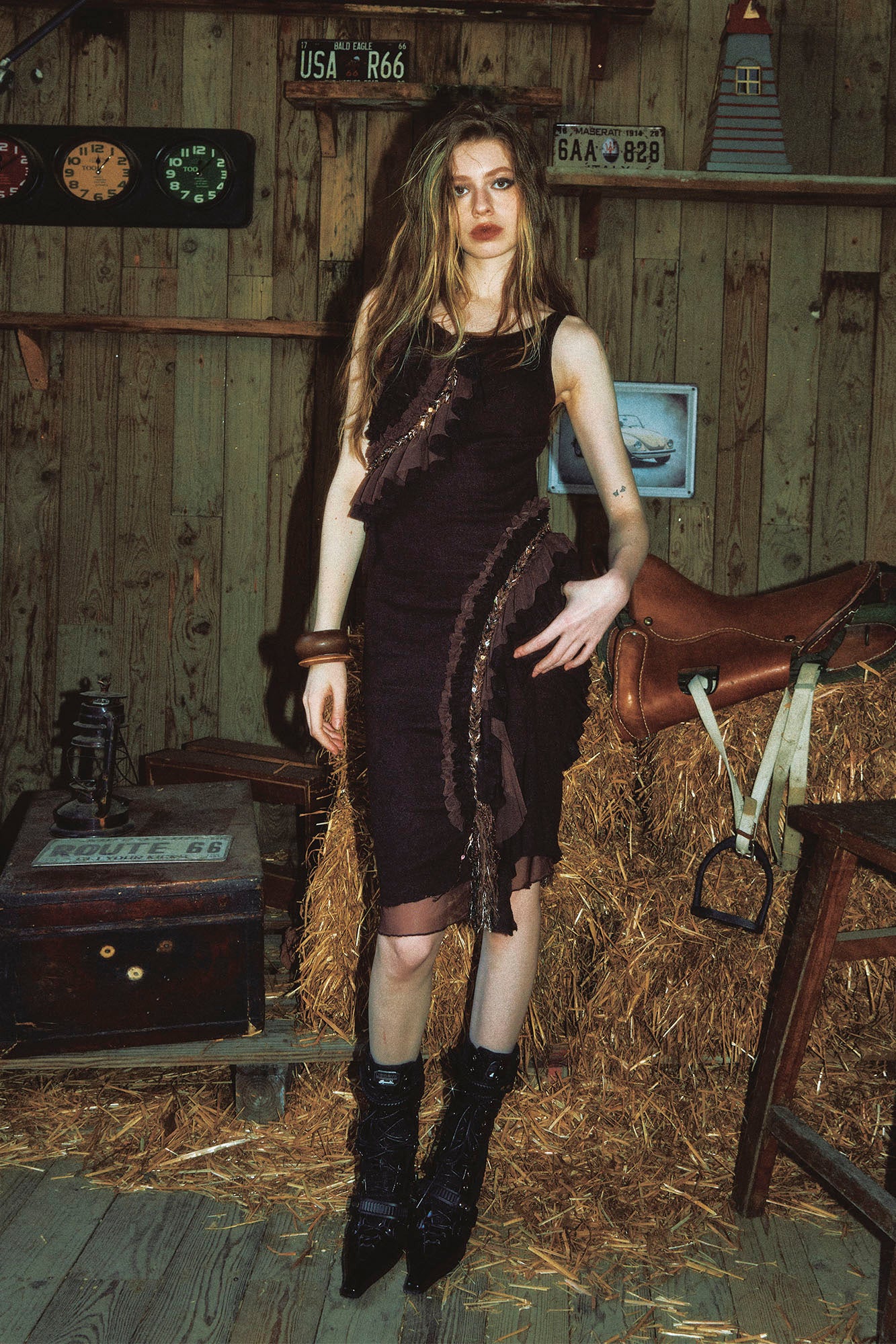 NINETYNINE PERCENT Sheer-Back Ruffle-Trim Midi Dress