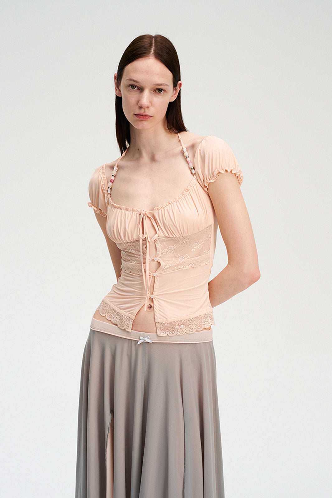 DOTYEARS Beaded Strap Lace Tie-Front Cardigan