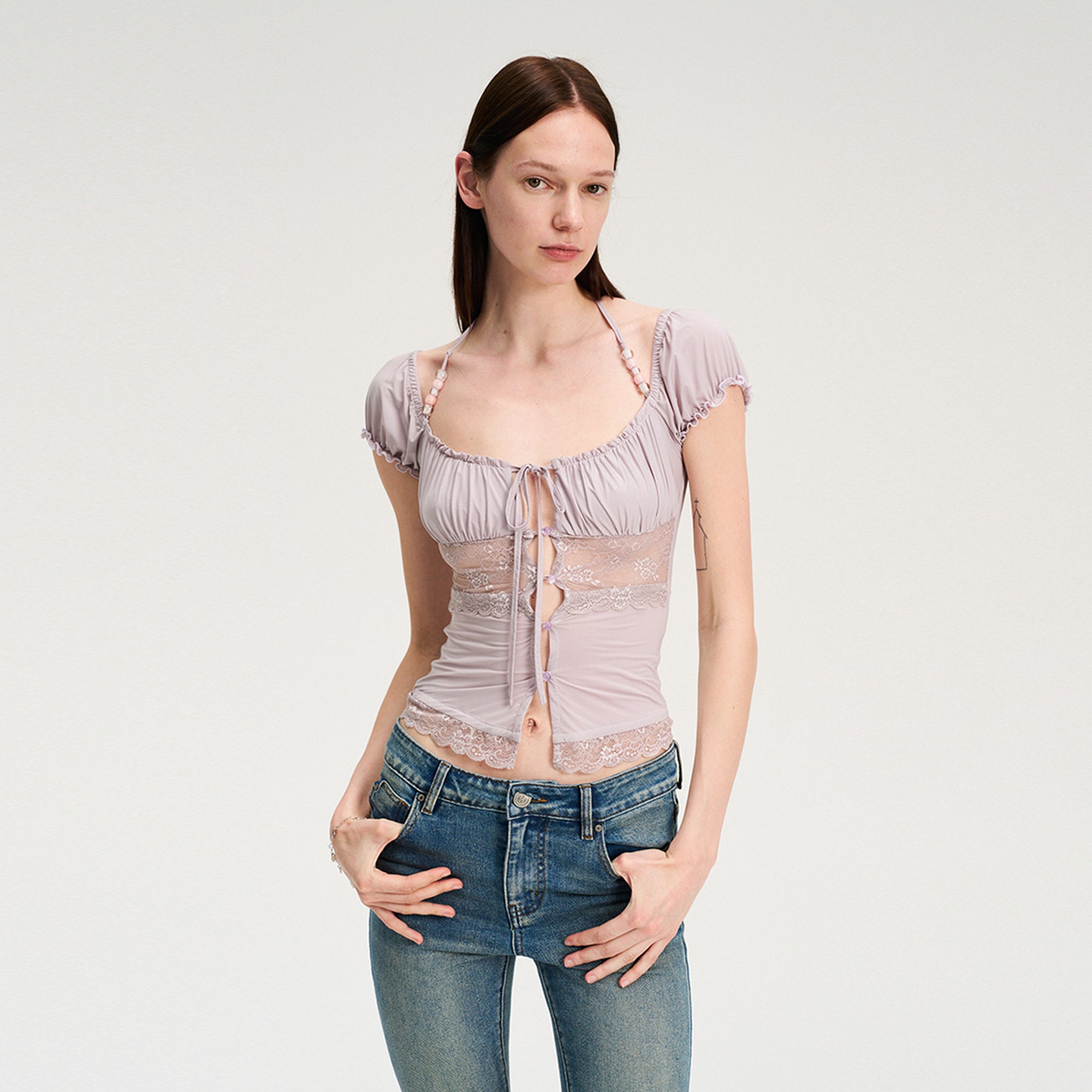 DOTYEARS Beaded Strap Lace Tie-Front Cardigan