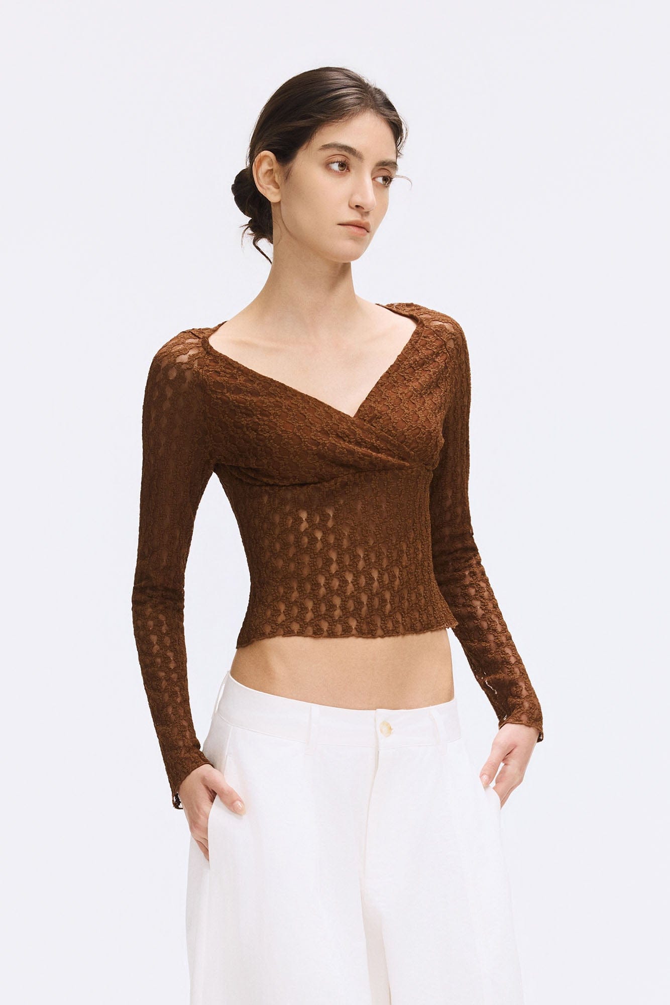 ARTIFICIAL WORLD Lace Wrap-Neck Long-Sleeve Tee