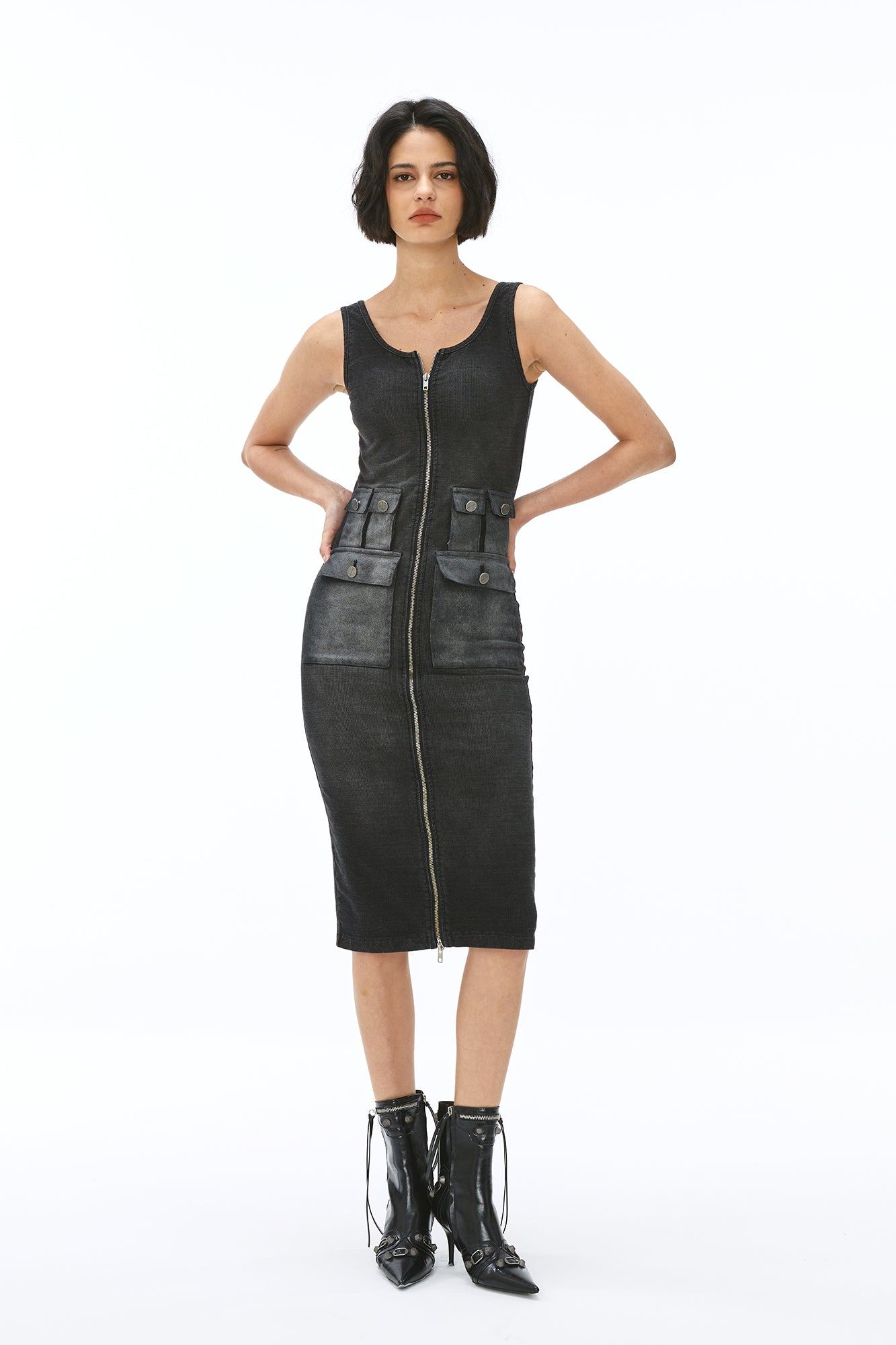 VANN VALRENCE Washed Utility Zip-Up Tank Dress