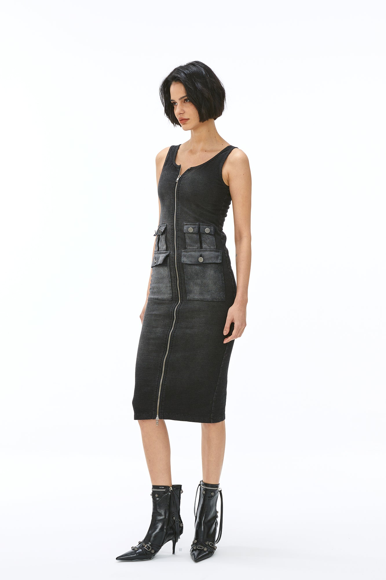 VANN VALRENCE Washed Utility Zip-Up Tank Dress