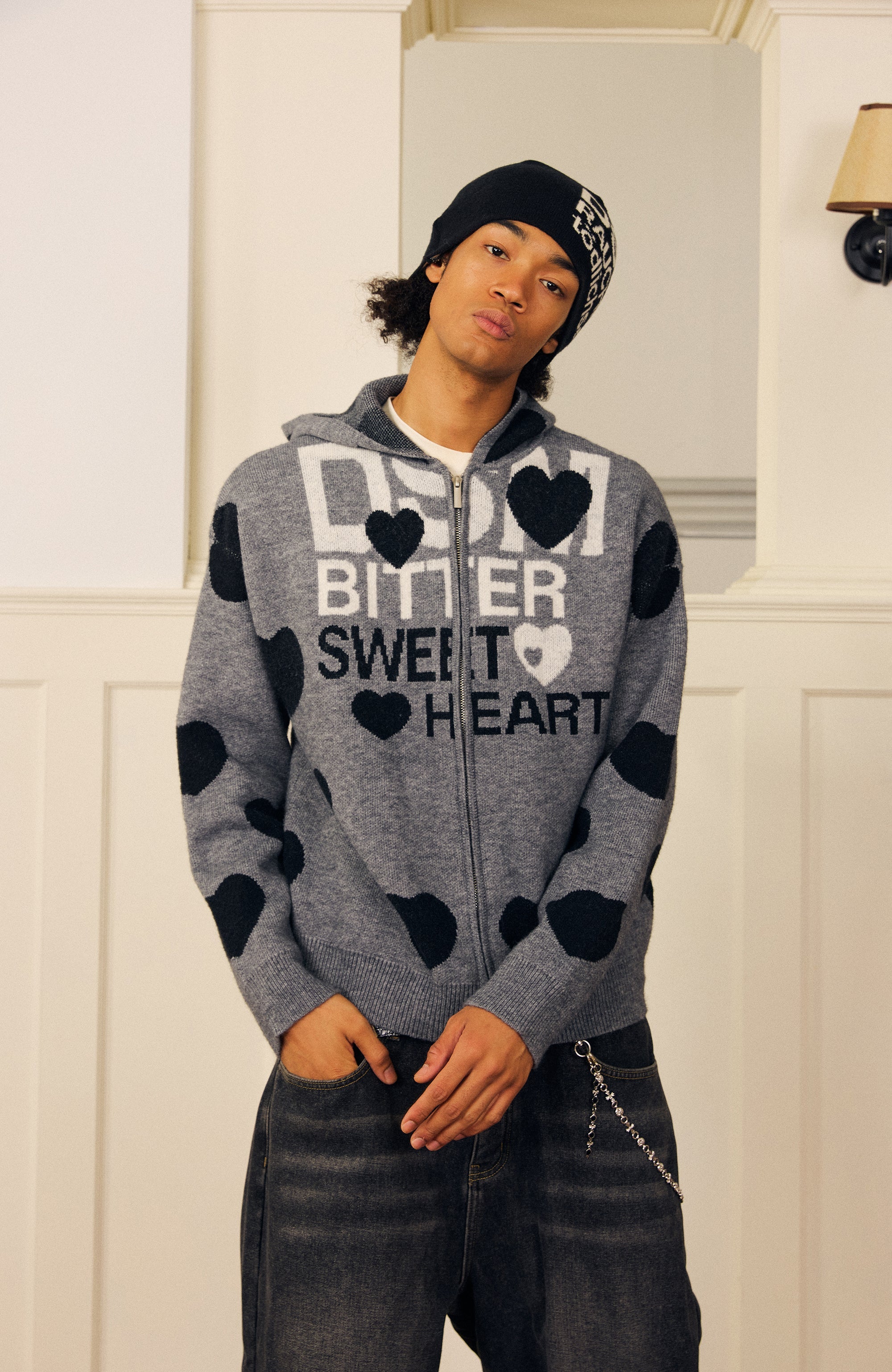 DONSMOKE Heart Full-Print Knit Zip-Up Hoodie