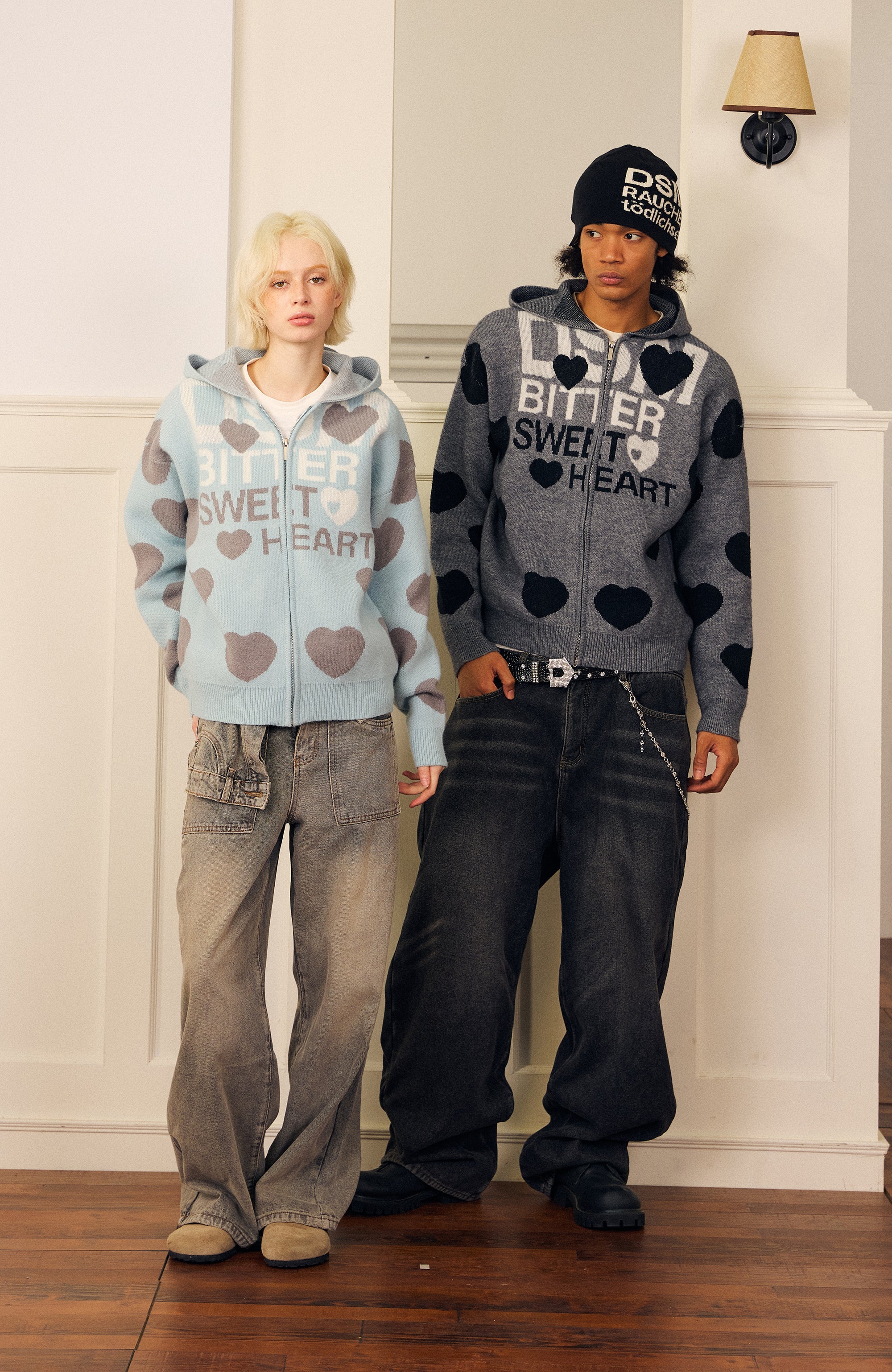 DONSMOKE Heart Full-Print Knit Zip-Up Hoodie