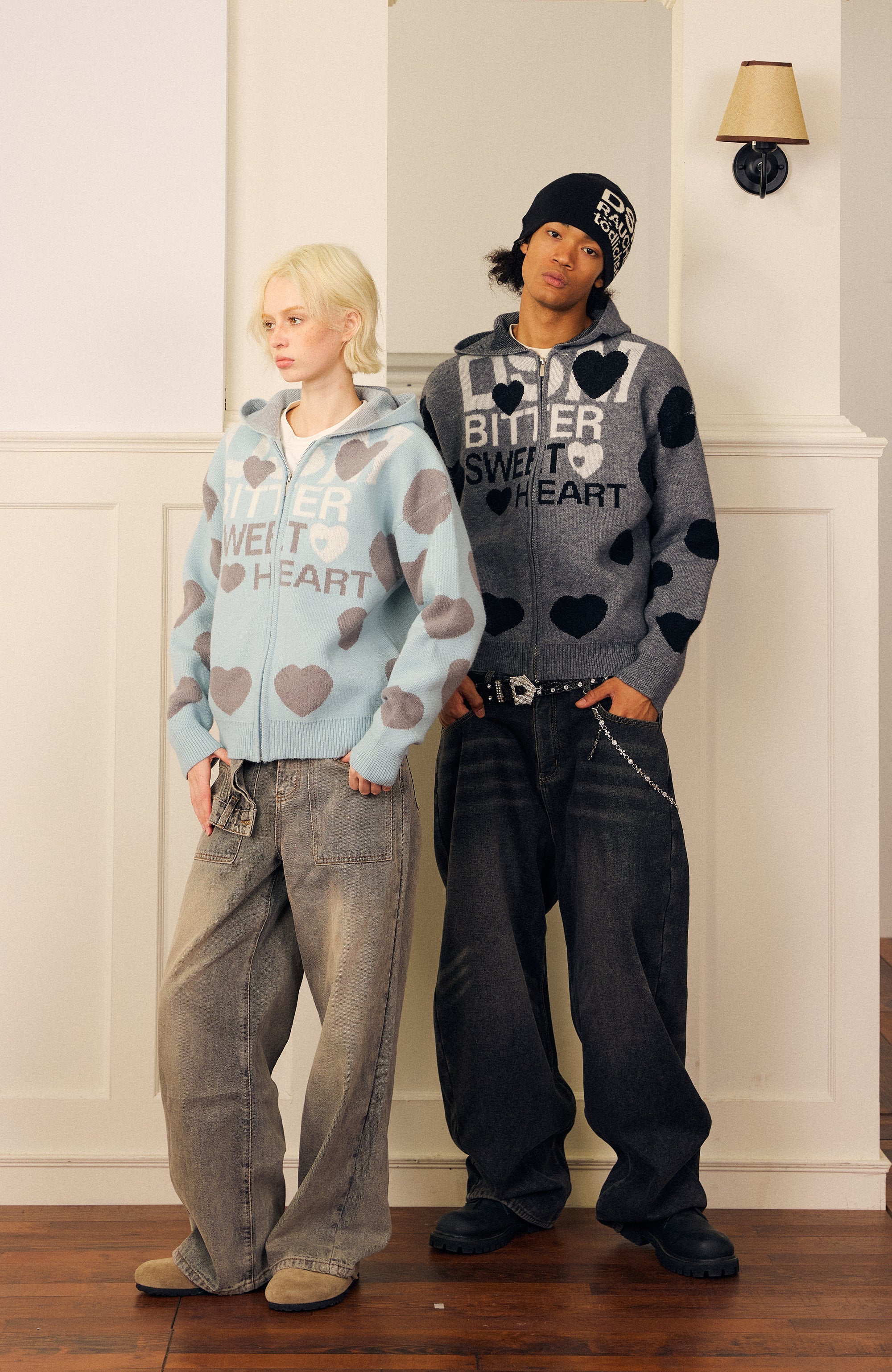 DONSMOKE Heart Full-Print Knit Zip-Up Hoodie