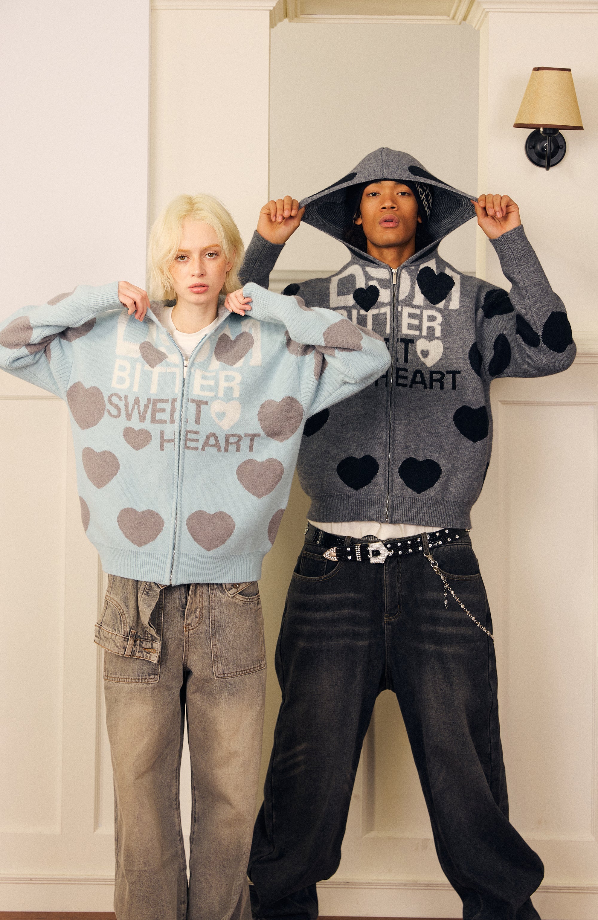 DONSMOKE Heart Full-Print Knit Zip-Up Hoodie