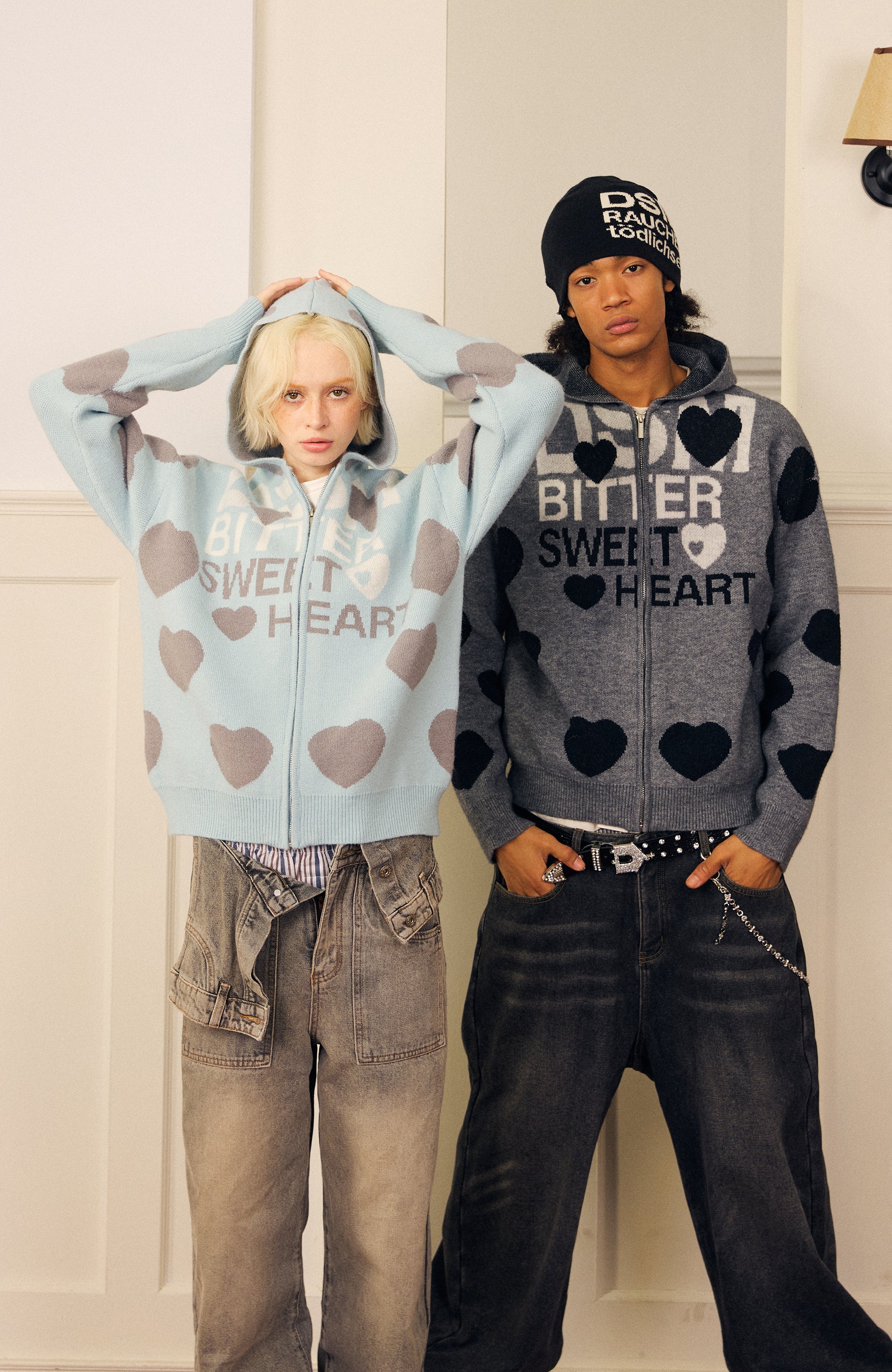DONSMOKE Heart Full-Print Knit Zip-Up Hoodie