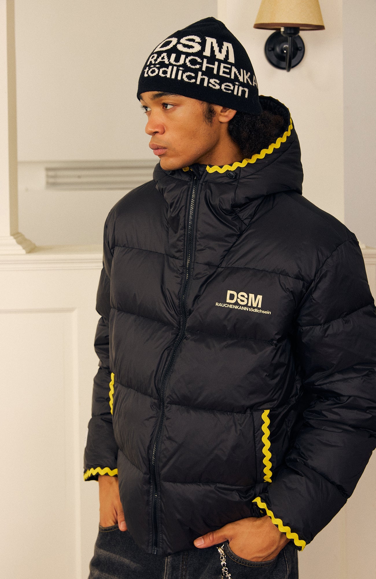 DONSMOKE Wavy Trim Hooded Down Puffer