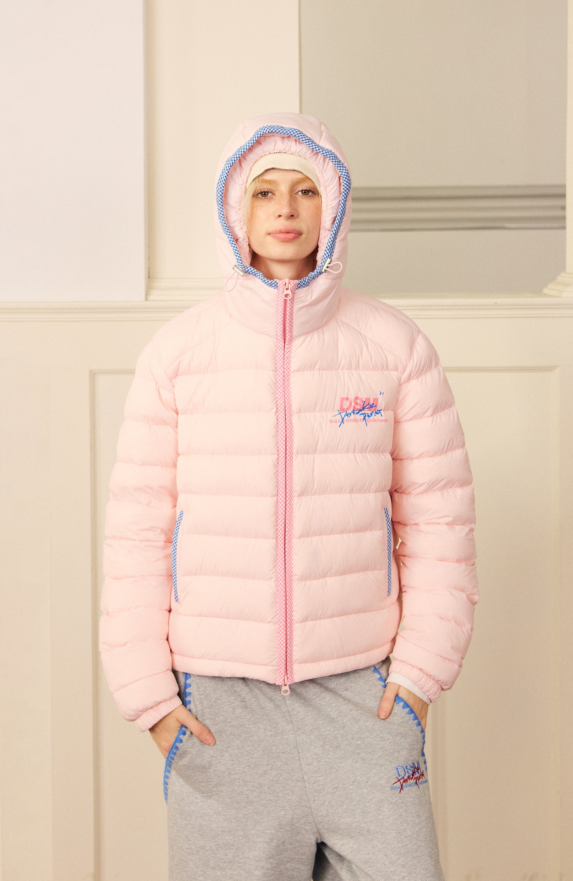 DONSMOKE Plaid Trim Hooded Down Puffer