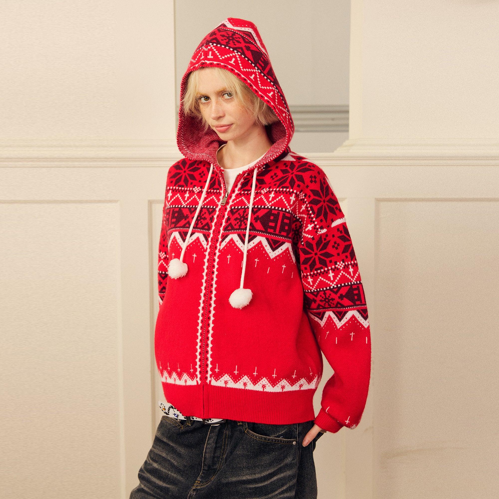 DONSMOKE Retro Fair Isle Pom Zip-Up Hoodie