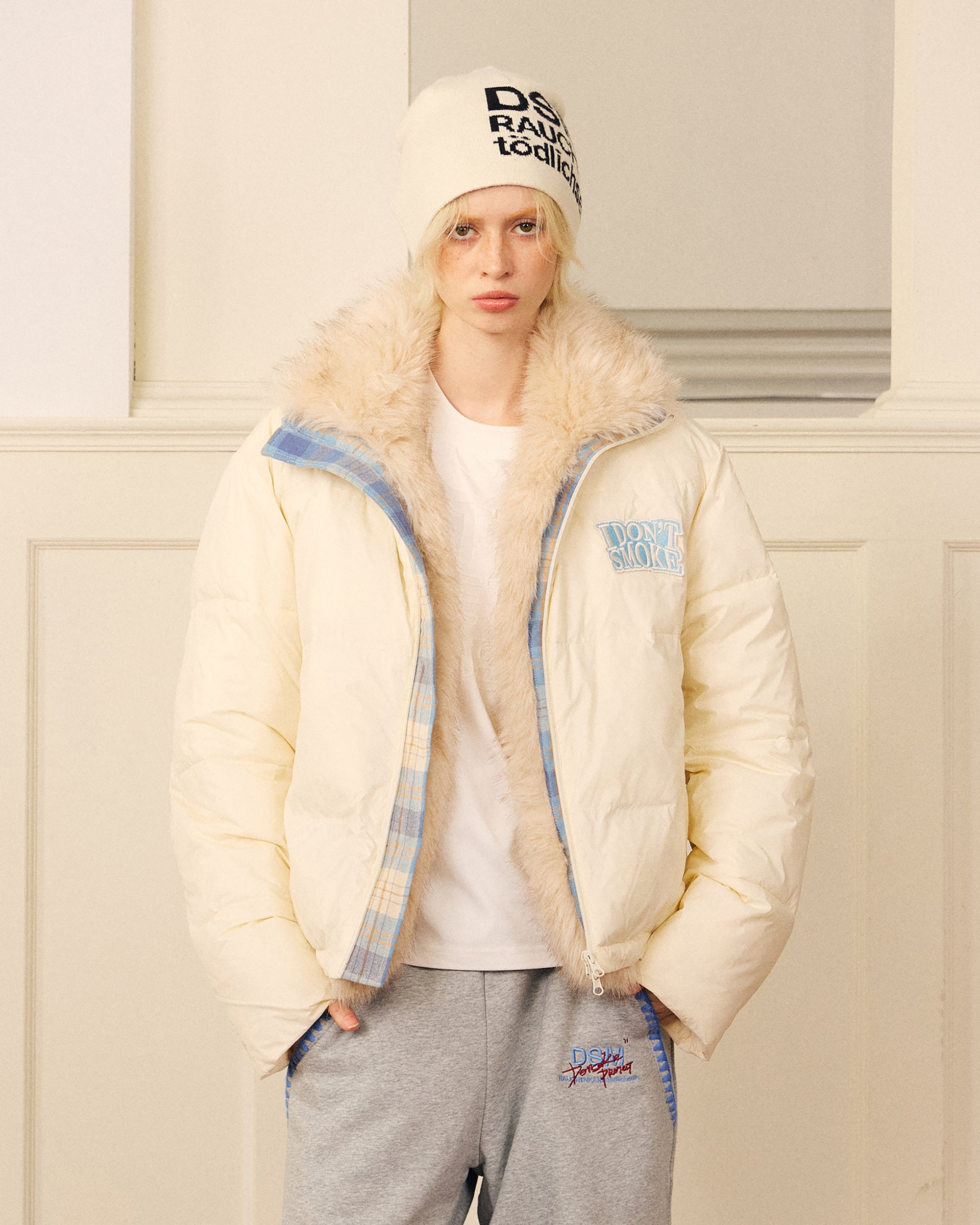 DONSMOKE Modern Fair Isle Faux Fur Lined Puffer Jacket