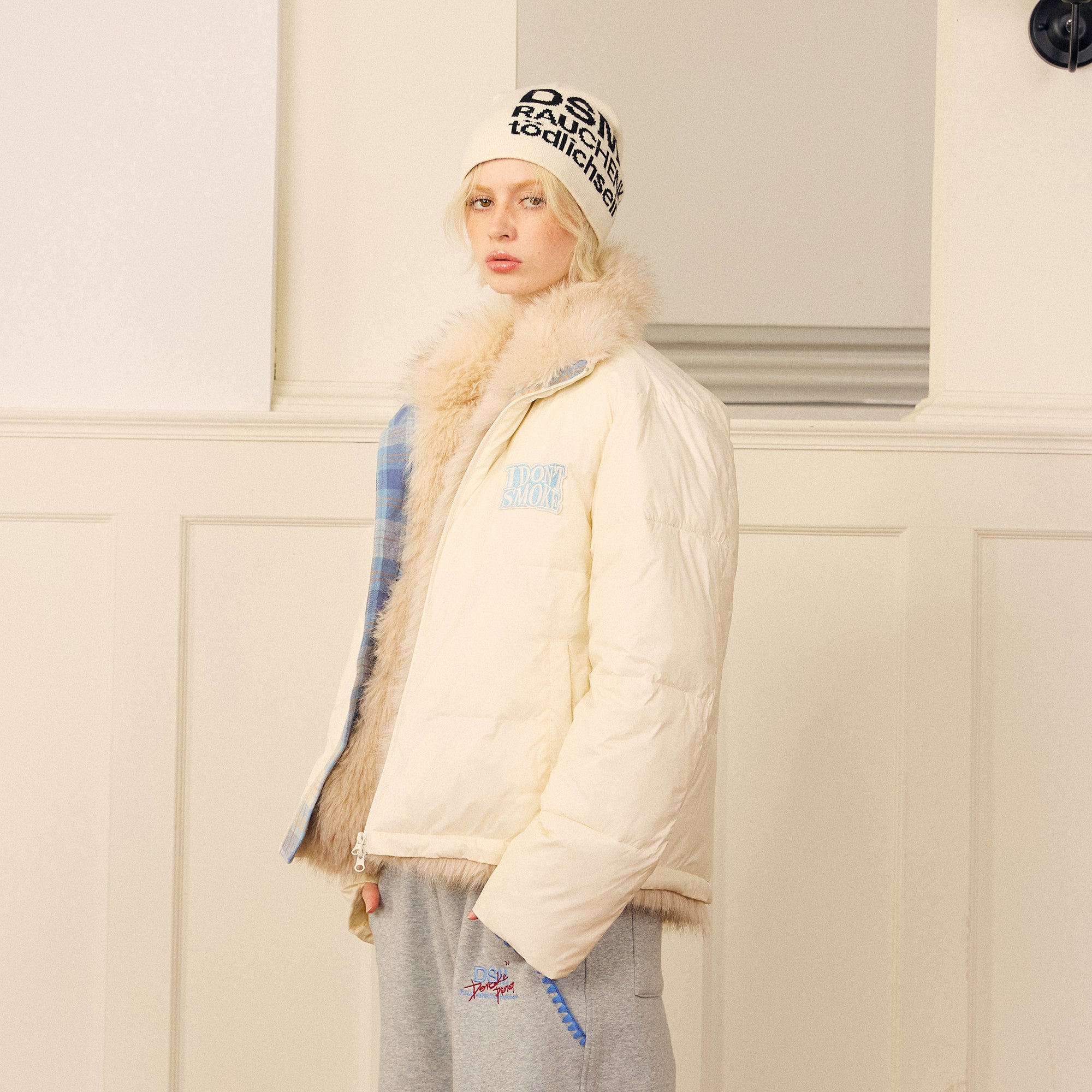 DONSMOKE Modern Fair Isle Faux Fur Lined Puffer Jacket