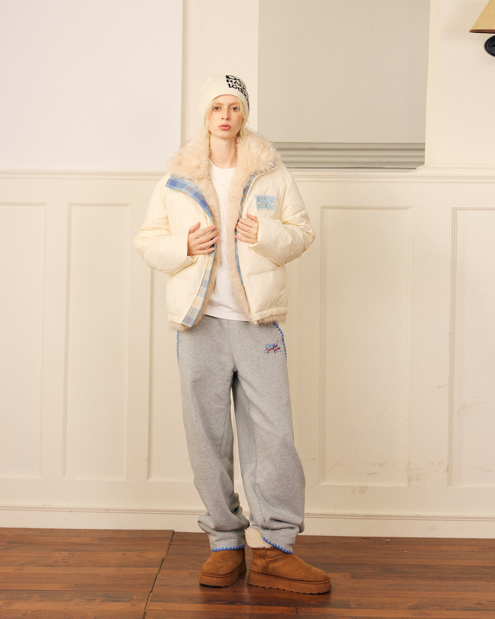 DONSMOKE Modern Fair Isle Faux Fur Lined Puffer Jacket