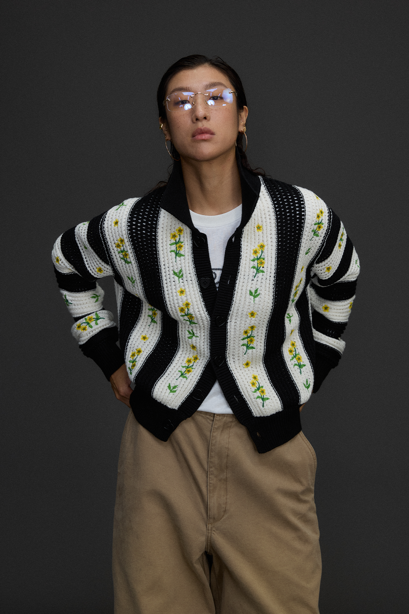 NIANJIUYIKOUER Floral Embroidered Contrast Collar Cardigan, premium urban and streetwear designers apparel on PROJECTISR.com, NIANJIUYIKOUER