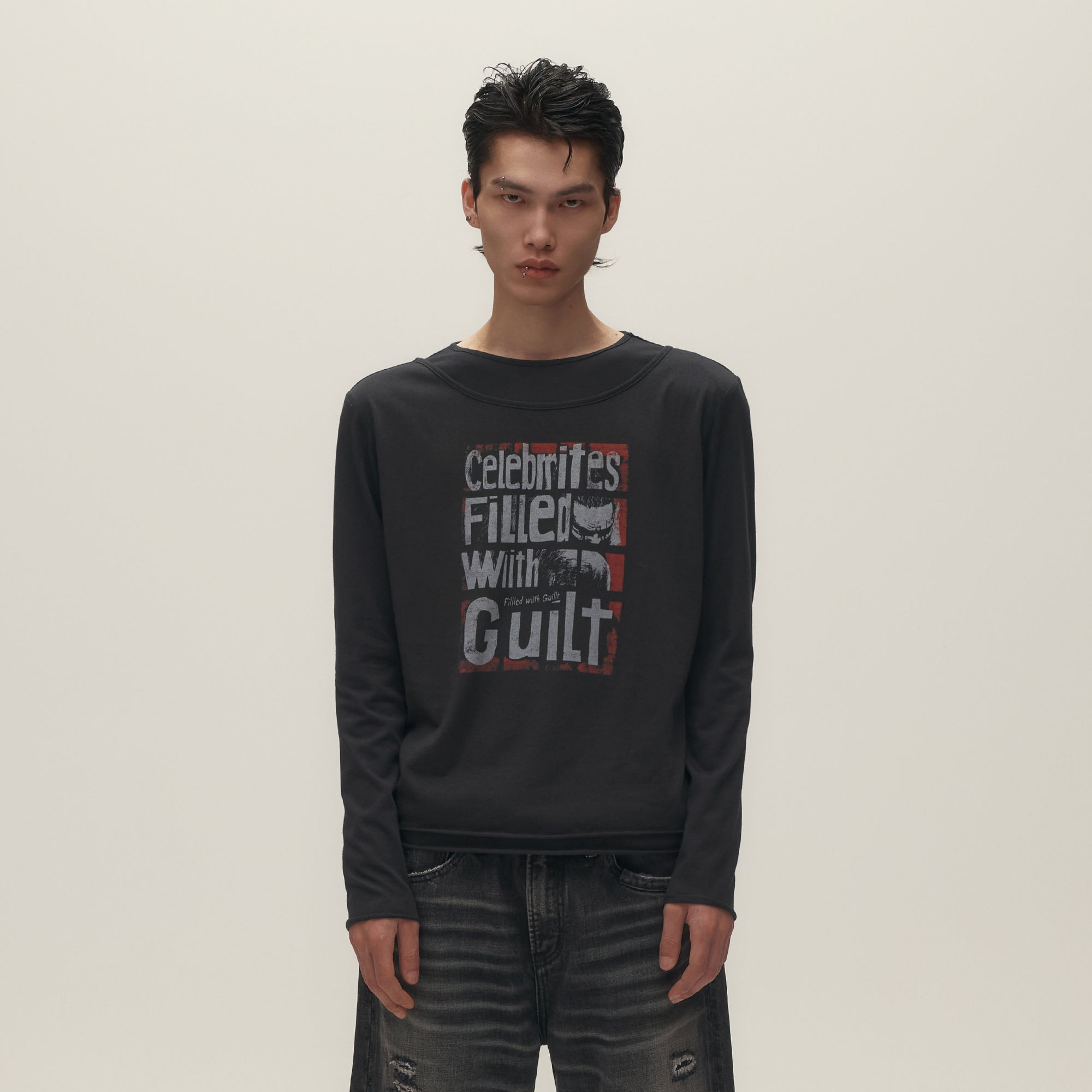 SAVAGEGROWTHWORLD Graphic Double-Layer Neckline Long-Sleeve Tee