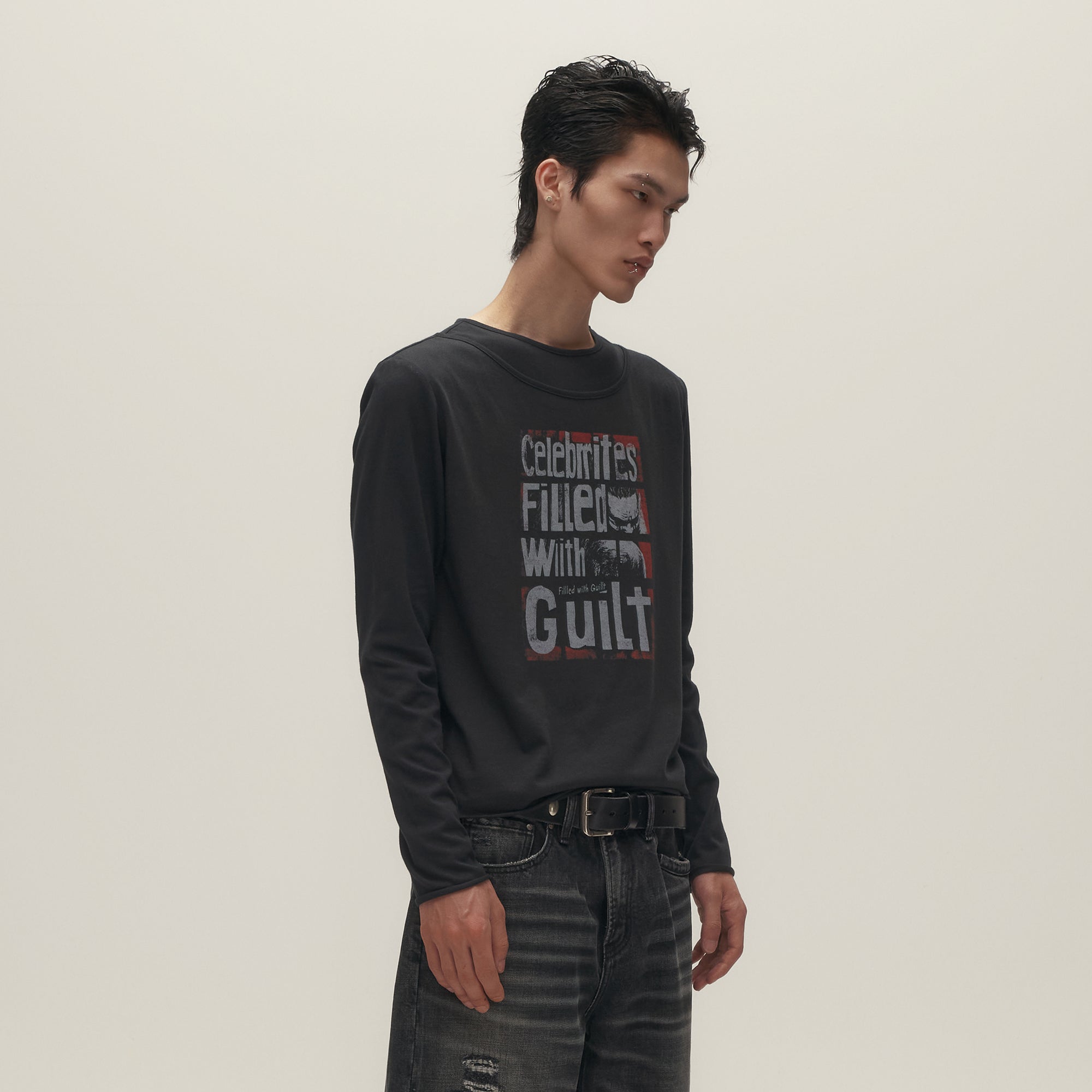 SAVAGEGROWTHWORLD Graphic Double-Layer Neckline Long-Sleeve Tee