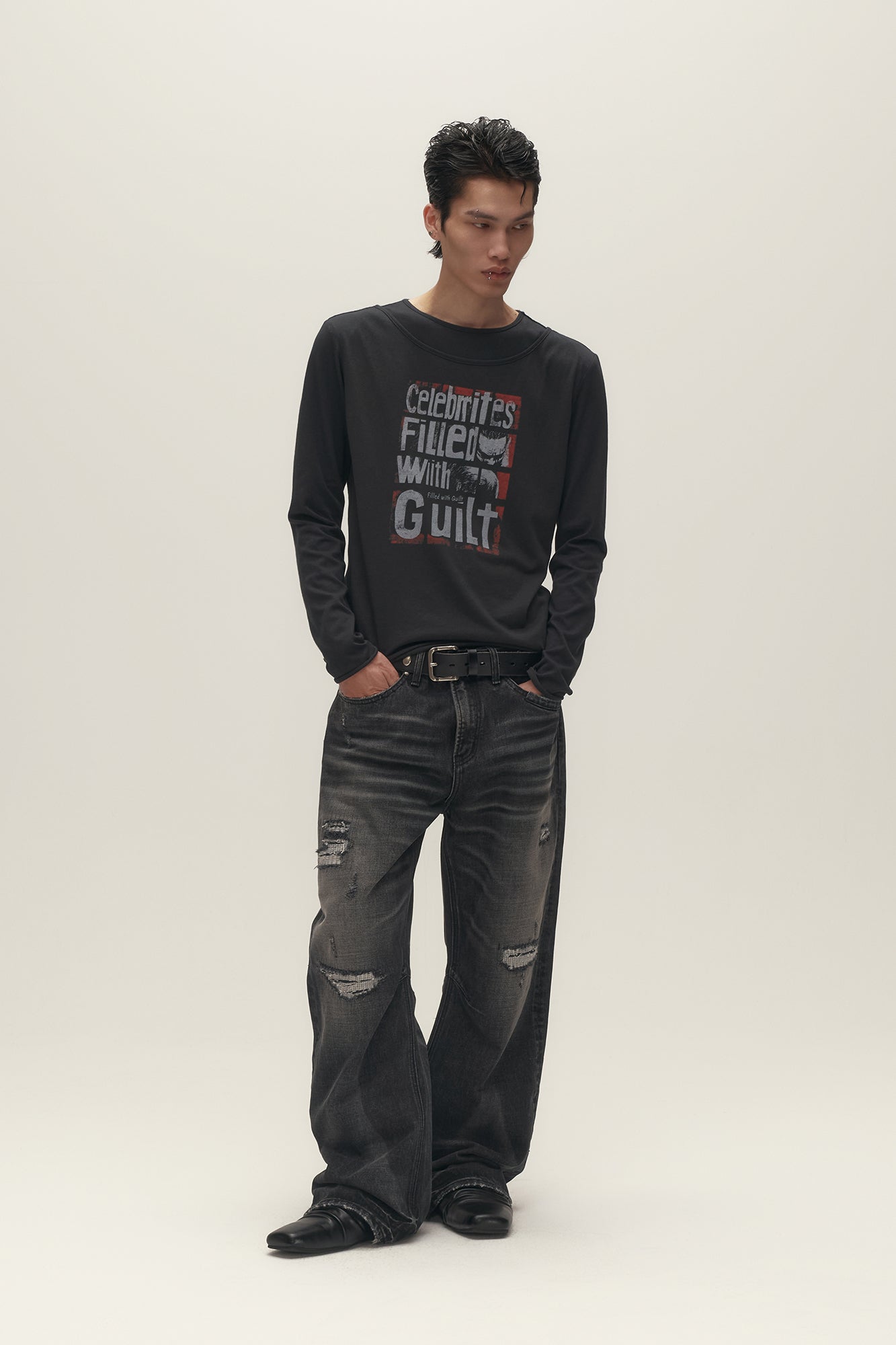 SAVAGEGROWTHWORLD Graphic Double-Layer Neckline Long-Sleeve Tee, premium urban and streetwear designers apparel on PROJECTISR.com, SAVAGEGROWTHWORLD