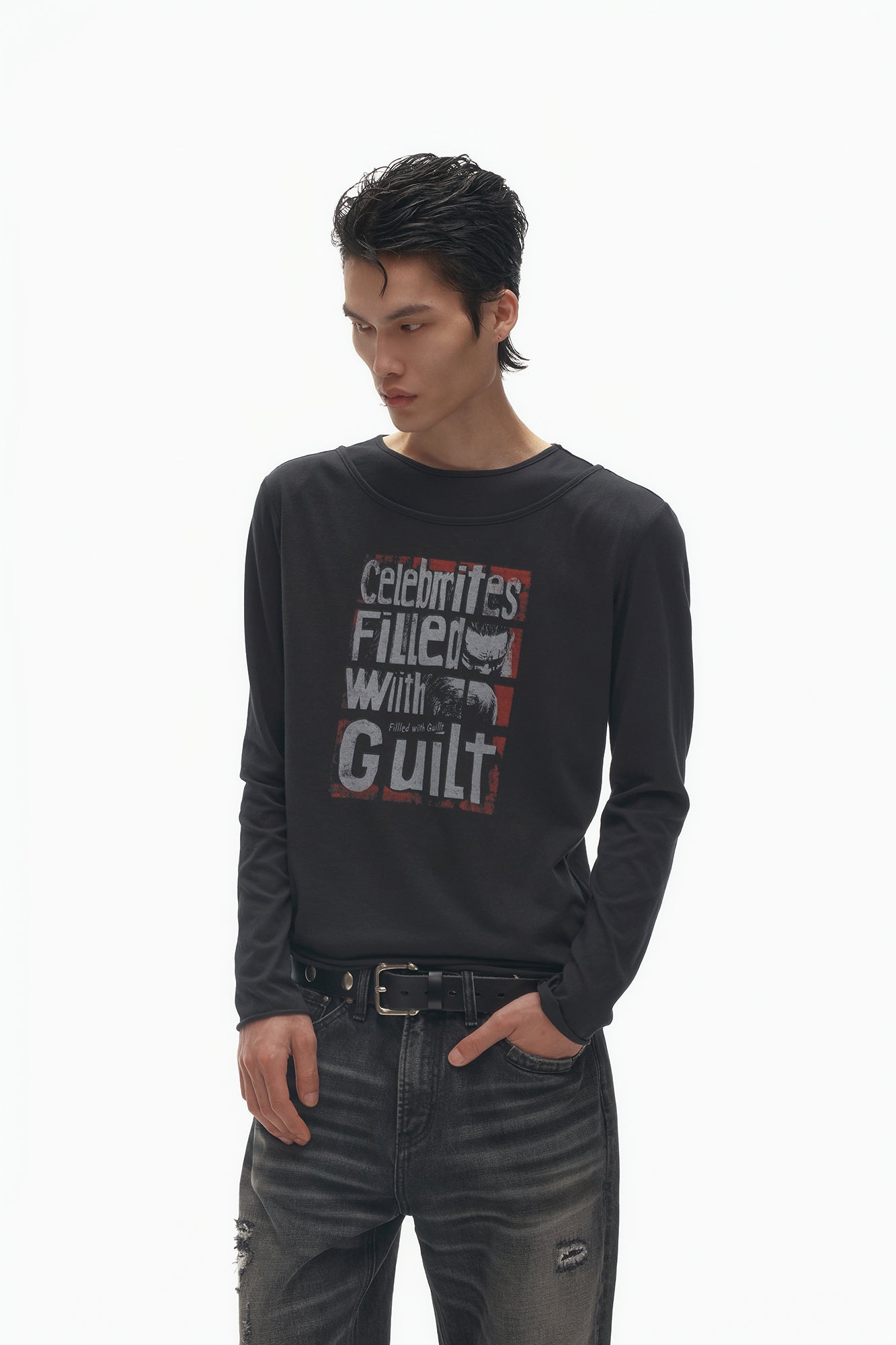 SAVAGEGROWTHWORLD Graphic Double-Layer Neckline Long-Sleeve Tee, premium urban and streetwear designers apparel on PROJECTISR.com, SAVAGEGROWTHWORLD