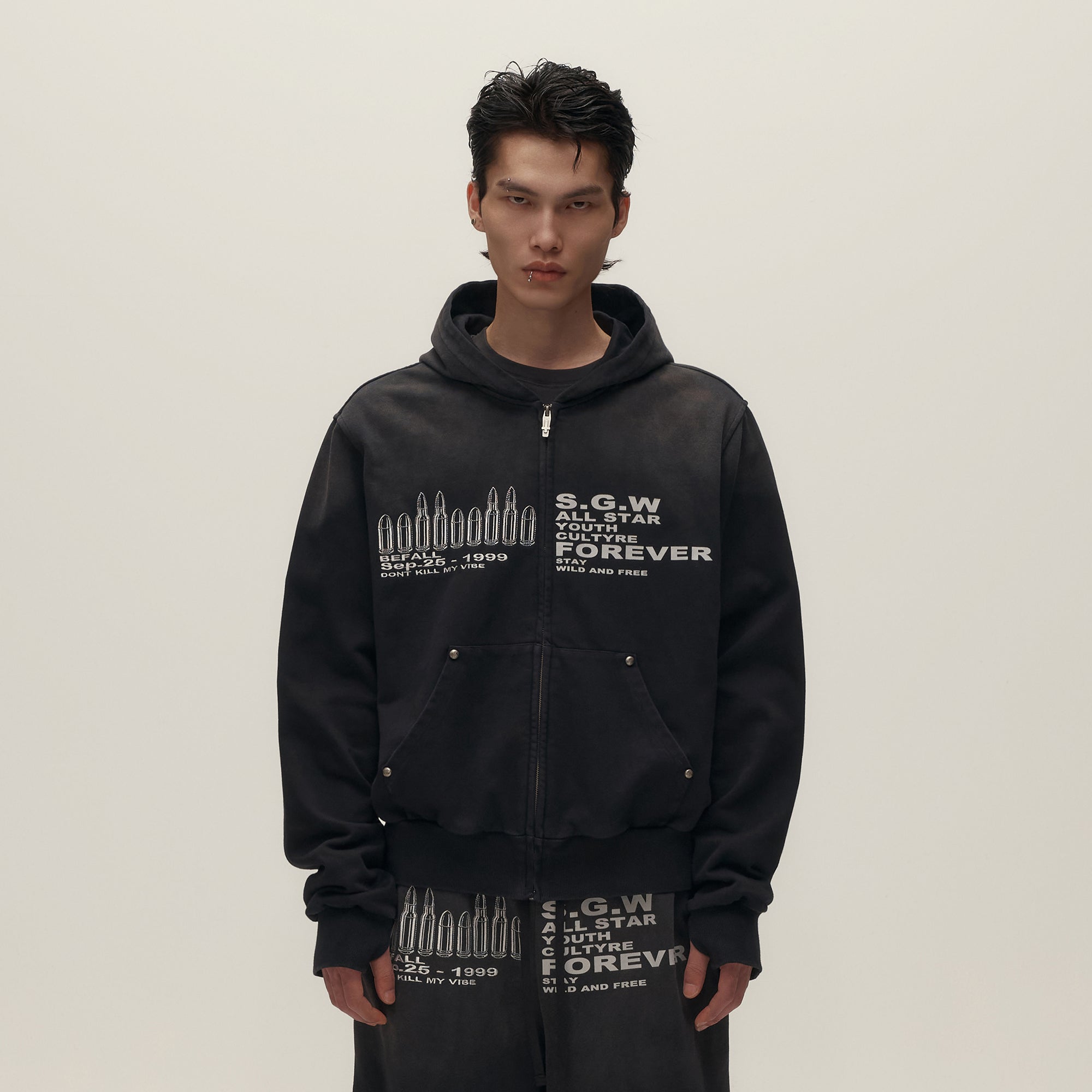 SAVAGEGROWTHWORLD Bullet Hole Graphic Washed Zip-Up Hoodie