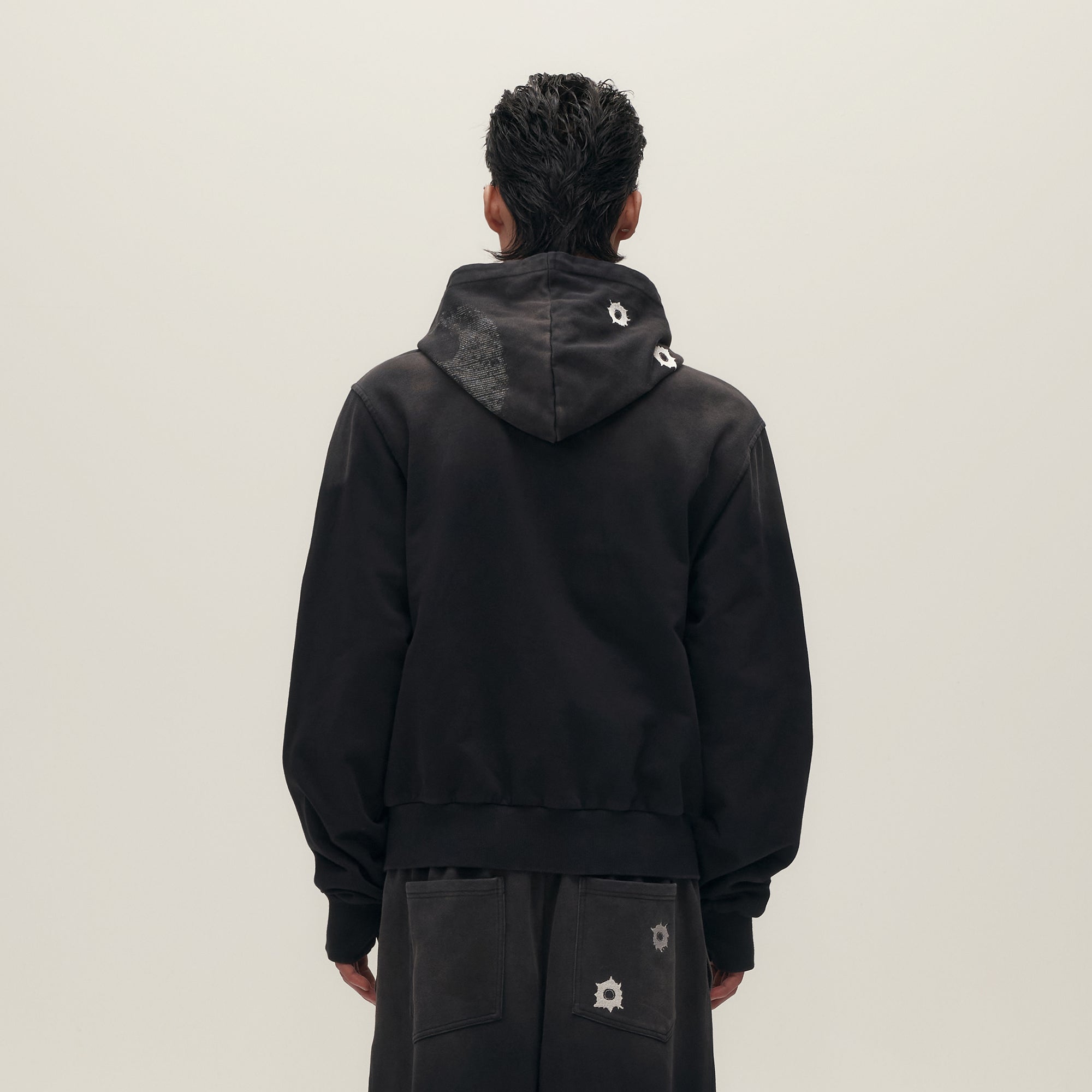 SAVAGEGROWTHWORLD Bullet Hole Graphic Washed Zip-Up Hoodie