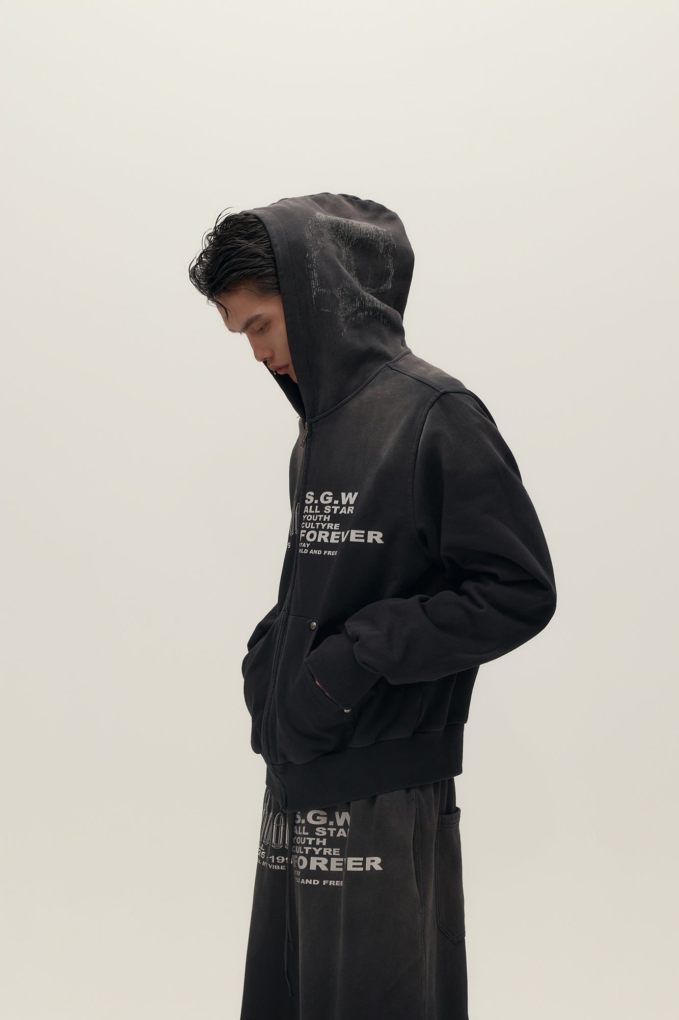 SAVAGEGROWTHWORLD Bullet Hole Graphic Washed Zip-Up Hoodie, premium urban and streetwear designers apparel on PROJECTISR.com, SAVAGEGROWTHWORLD