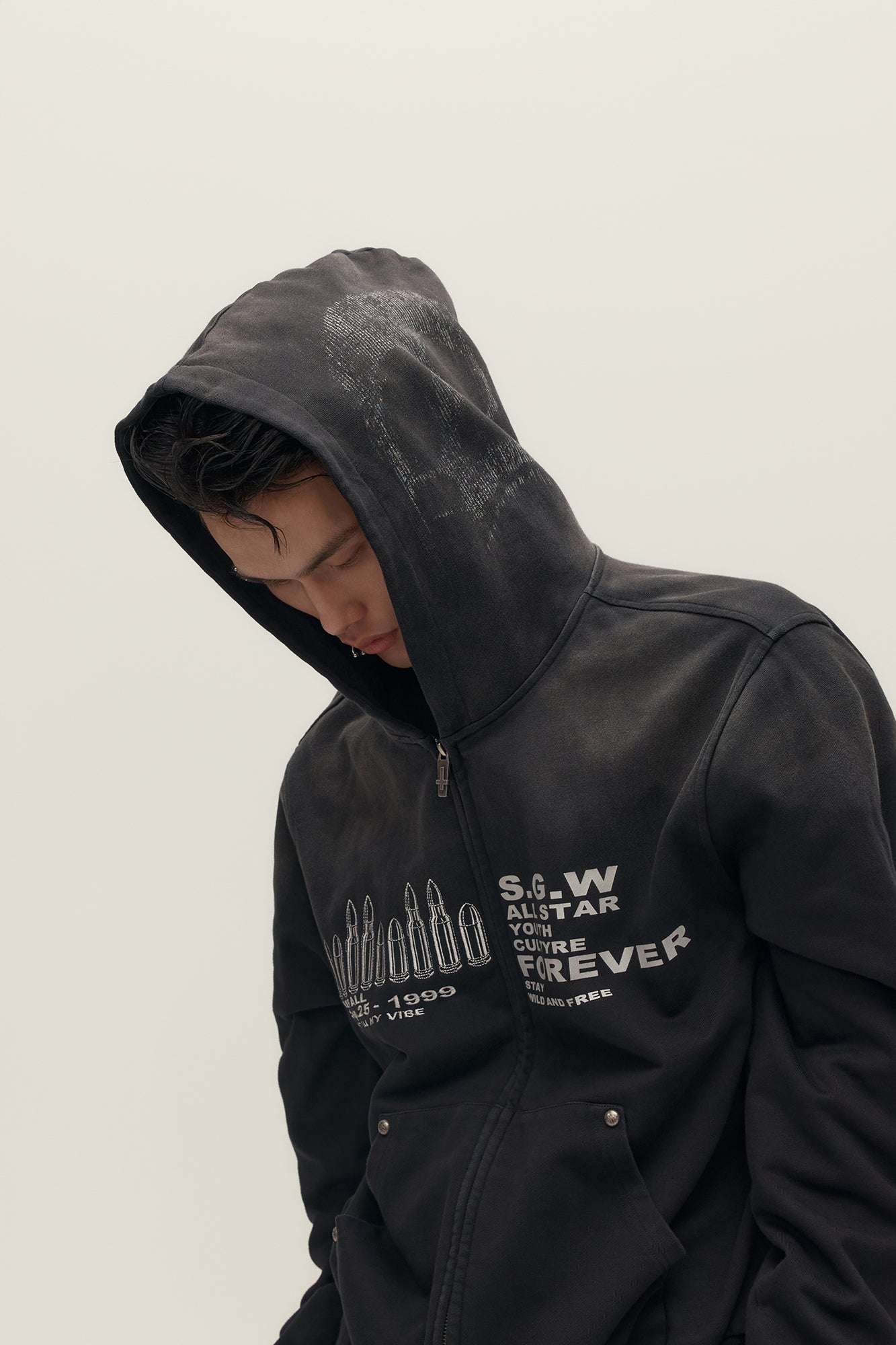 SAVAGEGROWTHWORLD Bullet Hole Graphic Washed Zip-Up Hoodie, premium urban and streetwear designers apparel on PROJECTISR.com, SAVAGEGROWTHWORLD