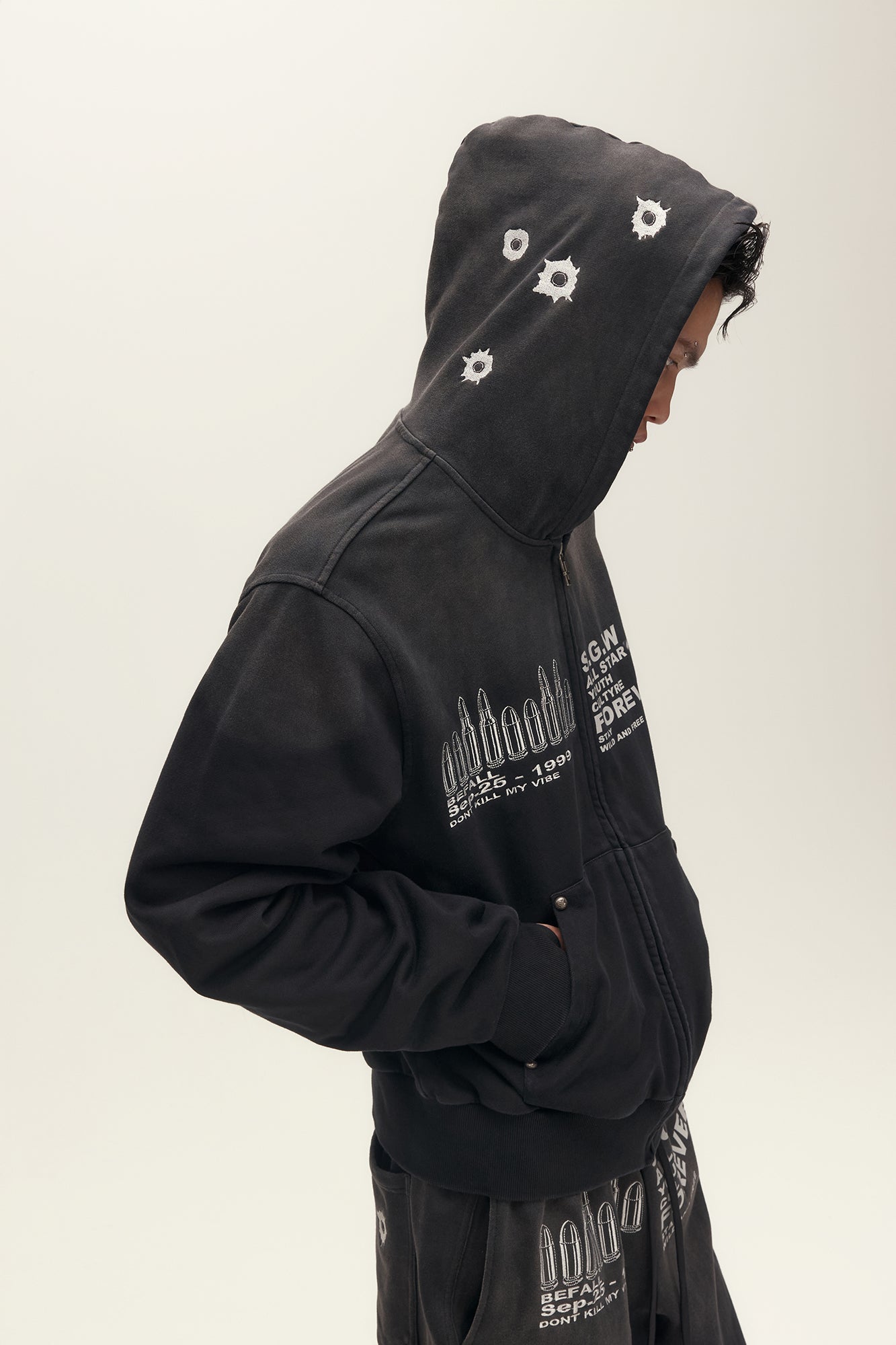 SAVAGEGROWTHWORLD Bullet Hole Graphic Washed Zip-Up Hoodie, premium urban and streetwear designers apparel on PROJECTISR.com, SAVAGEGROWTHWORLD
