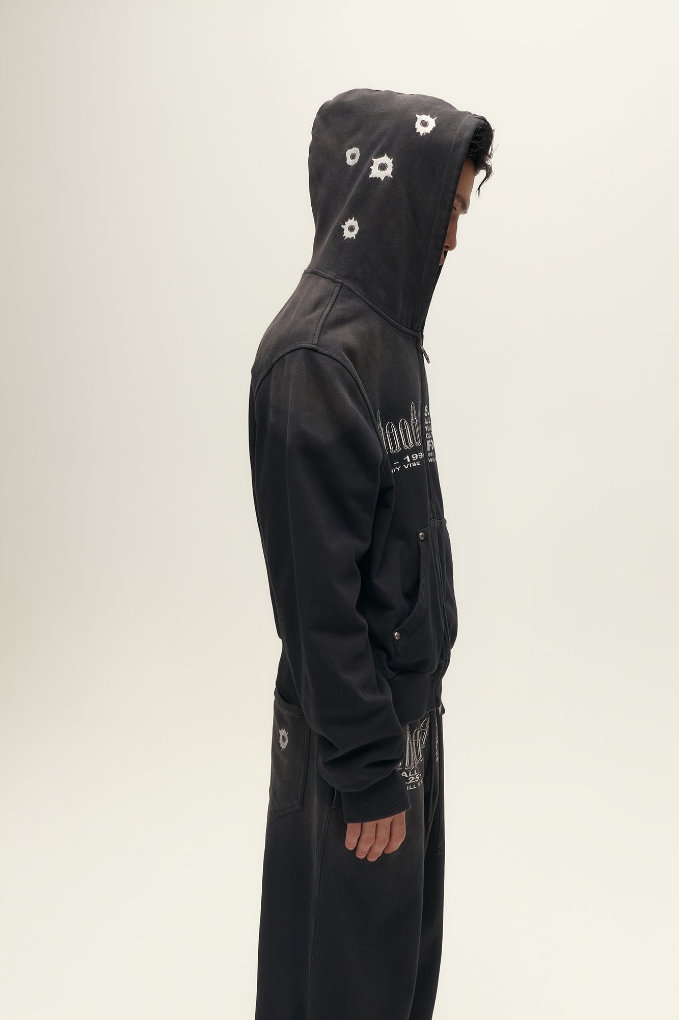 SAVAGEGROWTHWORLD Bullet Hole Graphic Washed Zip-Up Hoodie, premium urban and streetwear designers apparel on PROJECTISR.com, SAVAGEGROWTHWORLD