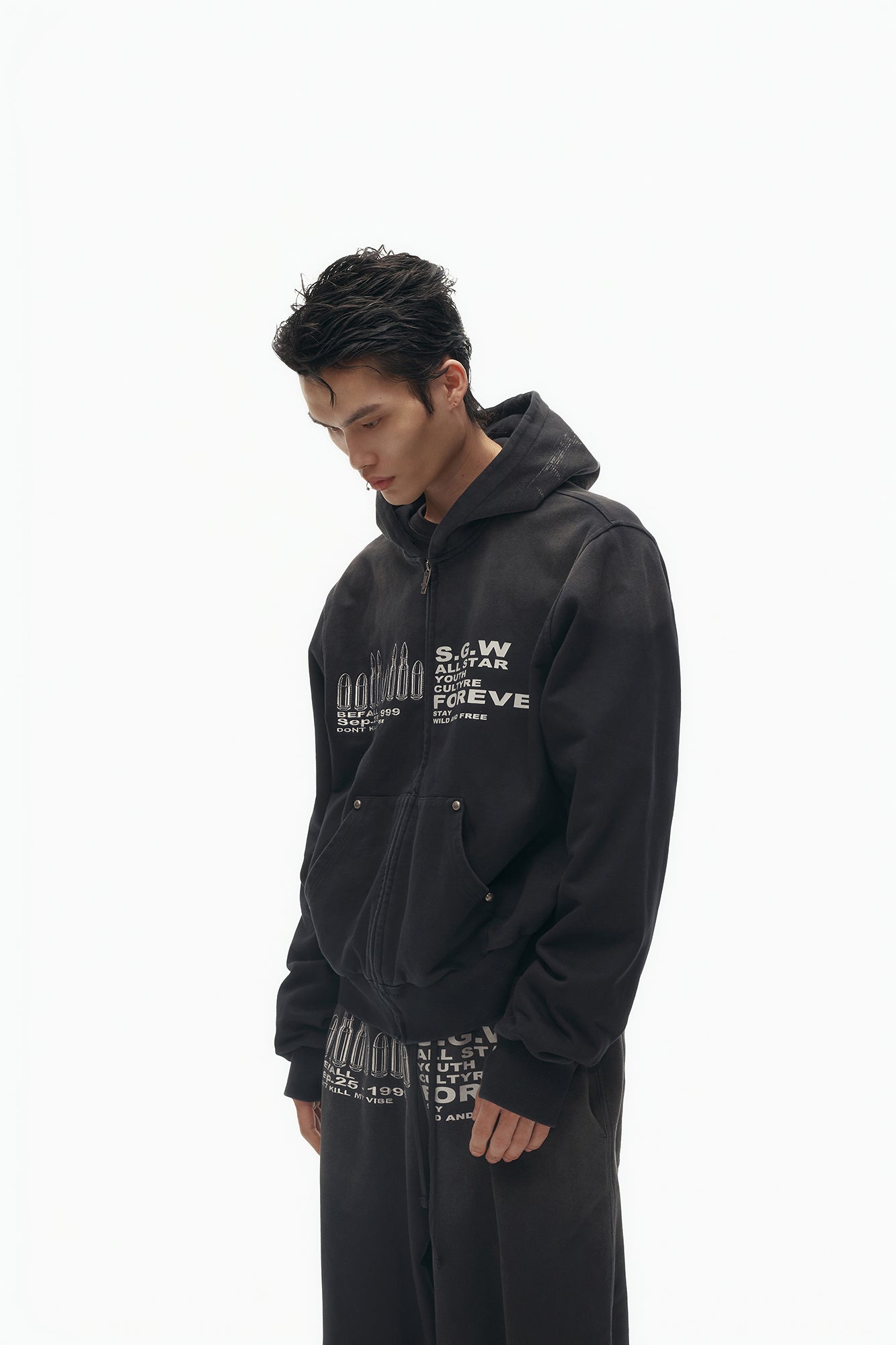 SAVAGEGROWTHWORLD Bullet Hole Graphic Washed Zip-Up Hoodie, premium urban and streetwear designers apparel on PROJECTISR.com, SAVAGEGROWTHWORLD