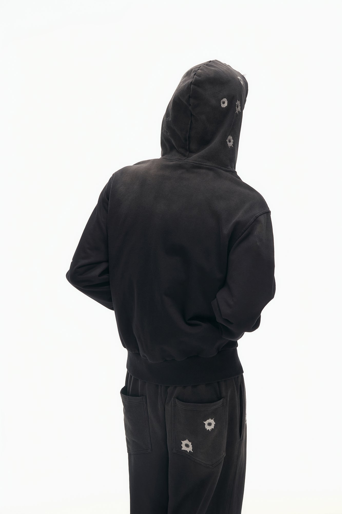 SAVAGEGROWTHWORLD Bullet Hole Graphic Washed Zip-Up Hoodie, premium urban and streetwear designers apparel on PROJECTISR.com, SAVAGEGROWTHWORLD