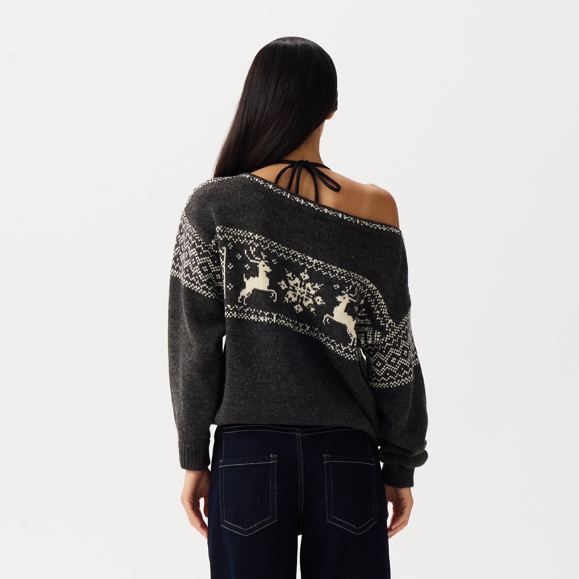 PCLA Fair Isle Reindeer Off-Shoulder Sweater
