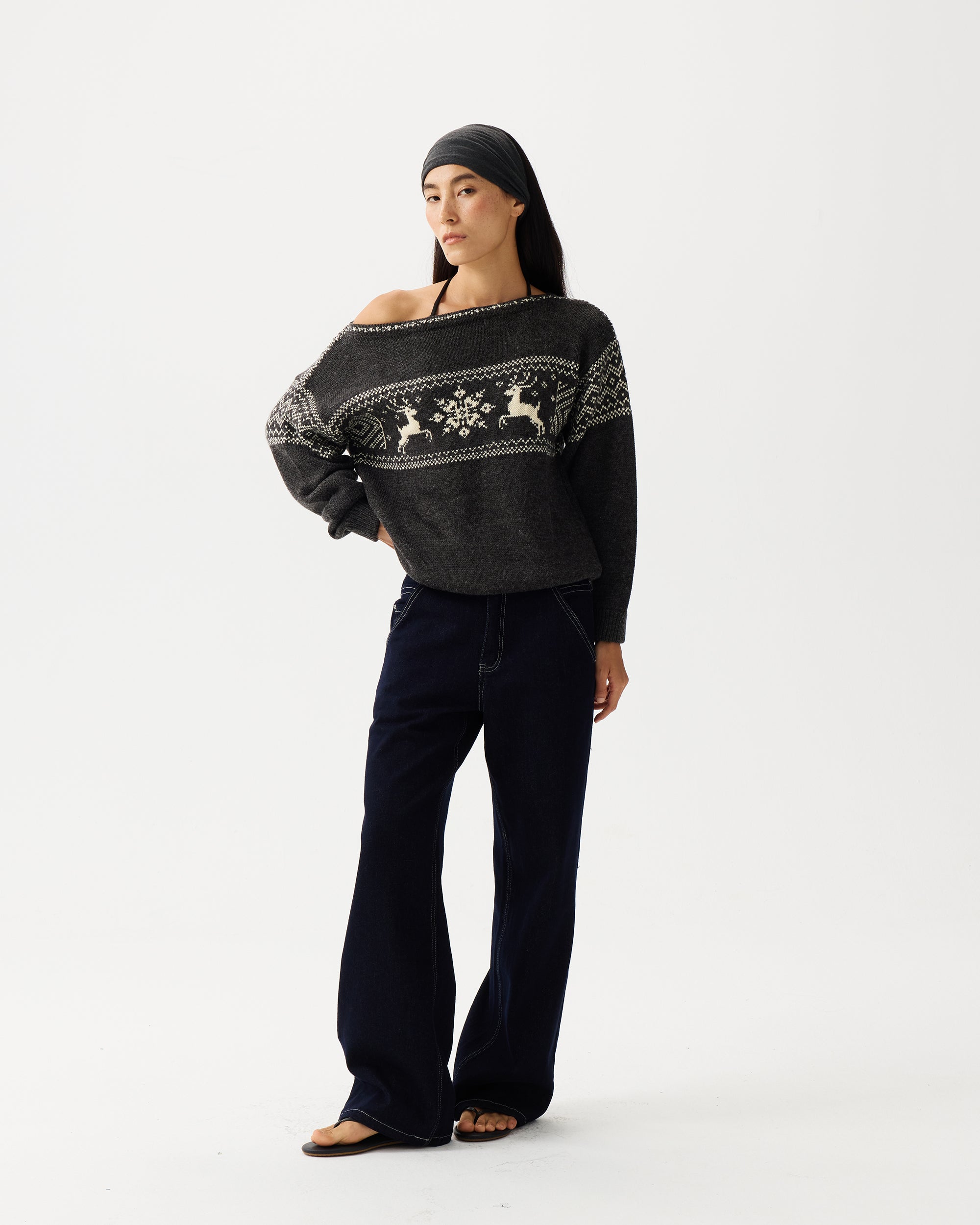 PCLA Fair Isle Reindeer Off-Shoulder Sweater