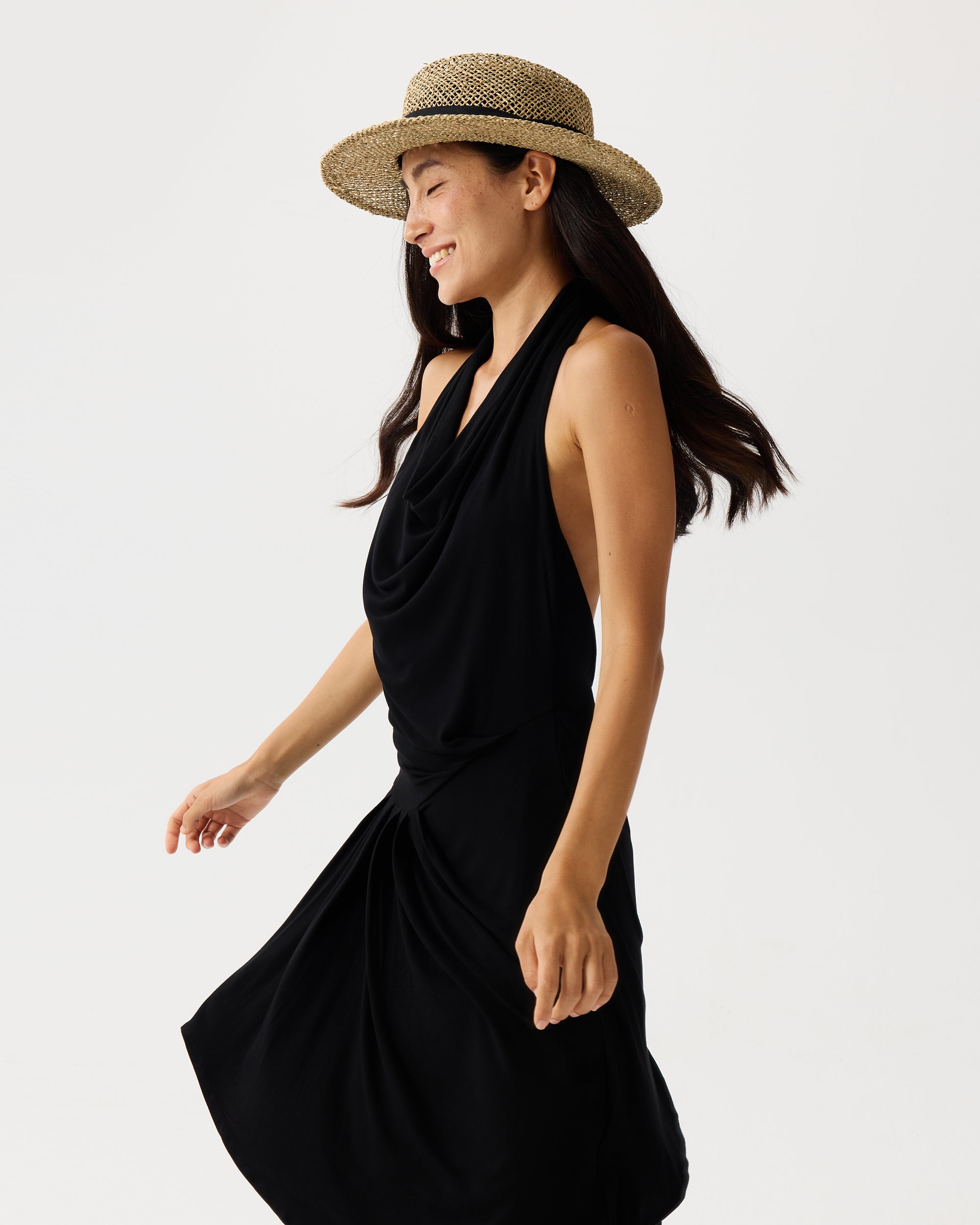 PCLA Draped Backless Pleated Halter Midi Dress