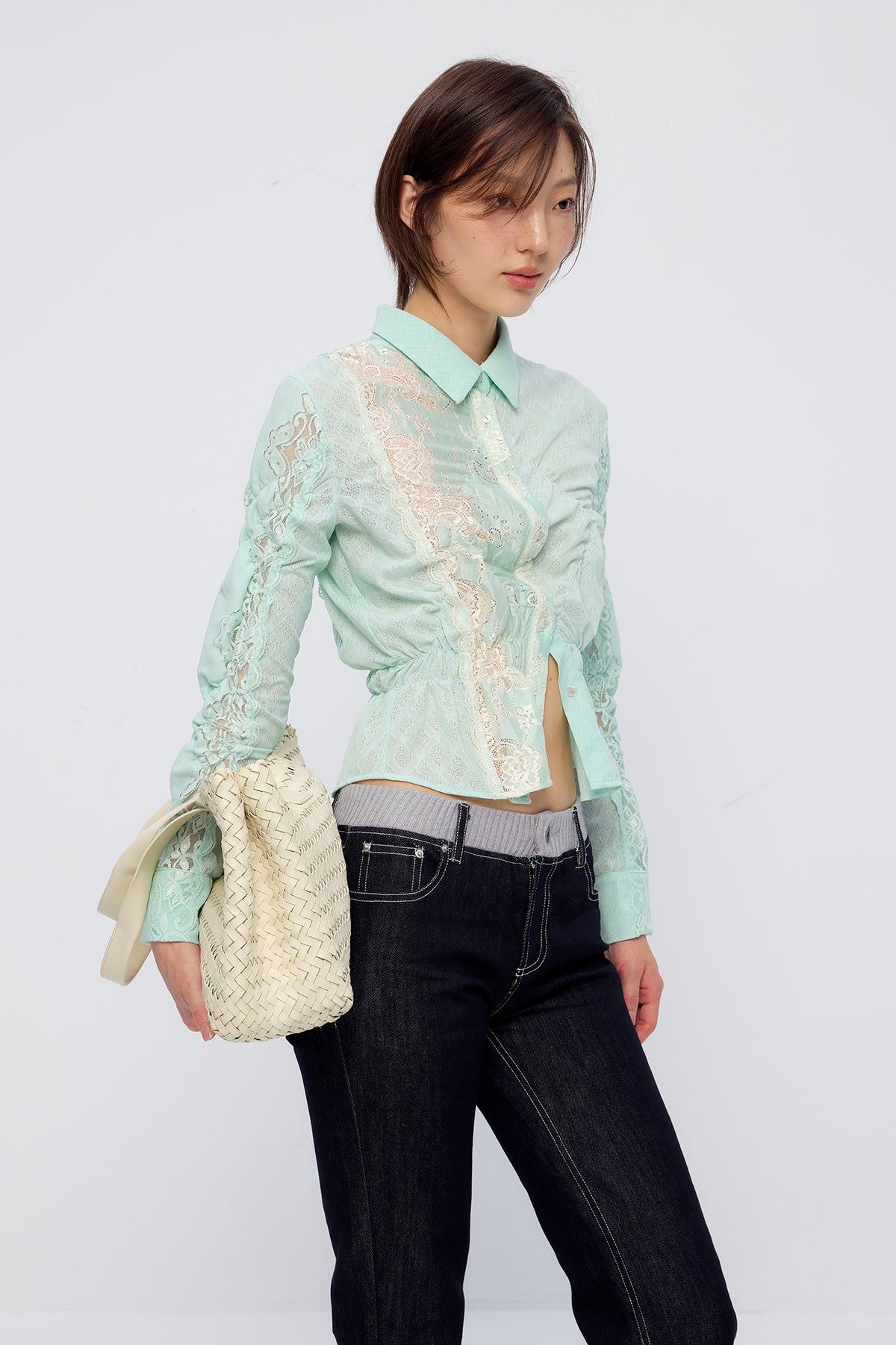 9266 STUDIO Retro Gathered Lace Asymmetrical Shirt
