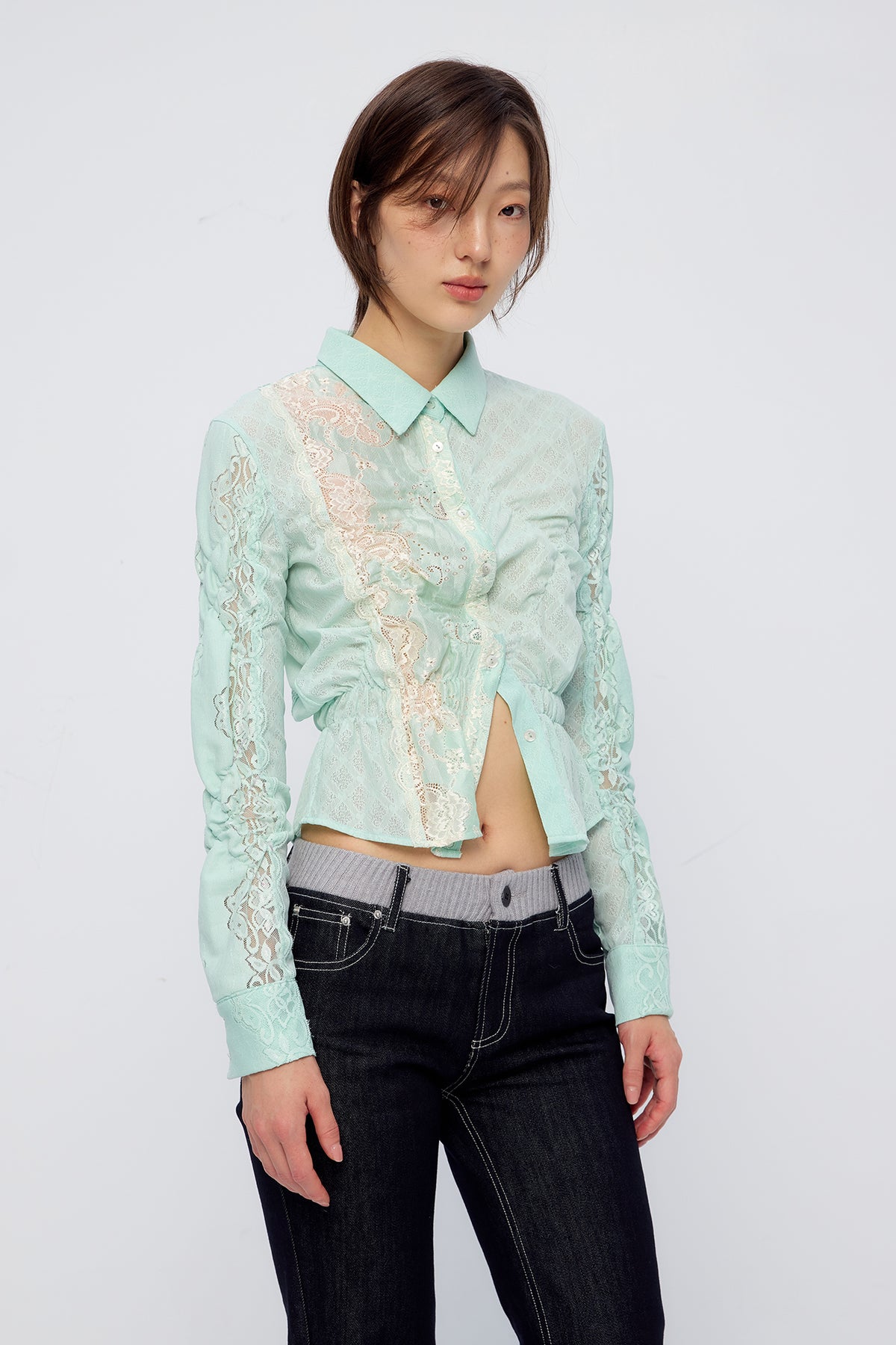 9266 STUDIO Retro Gathered Lace Asymmetrical Shirt